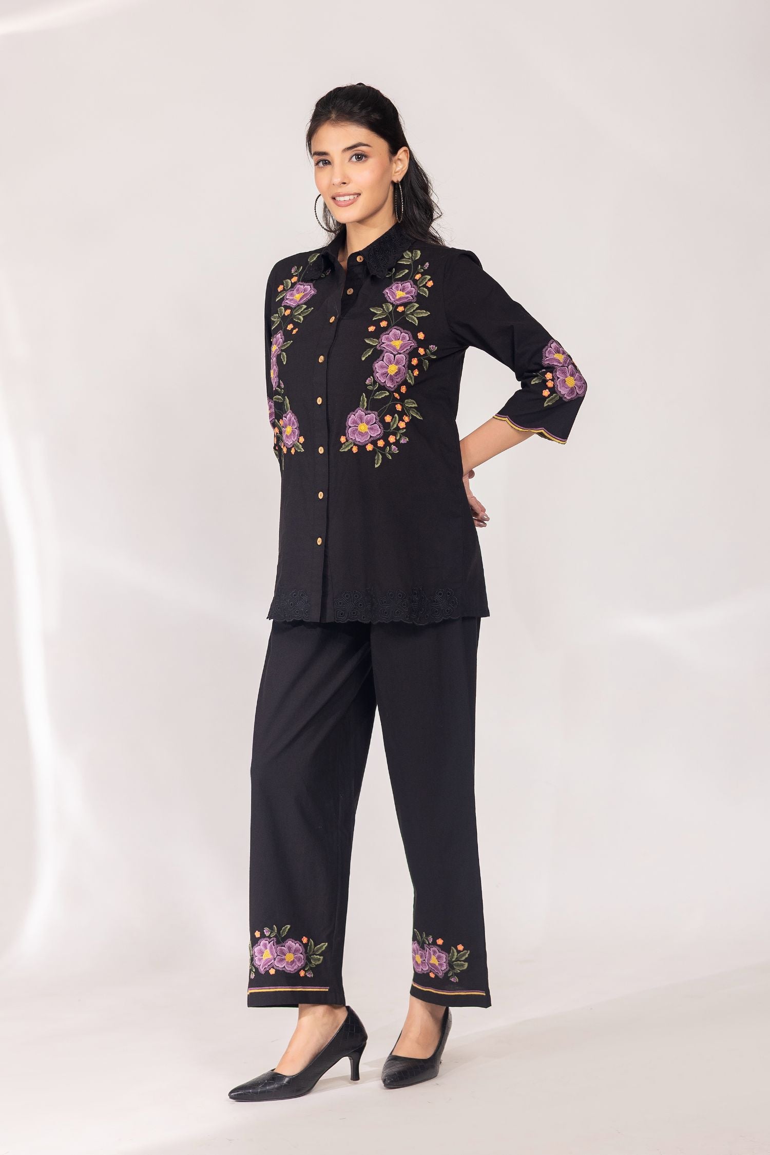 Black Cotton Co-ord Set with Multi Floral Work