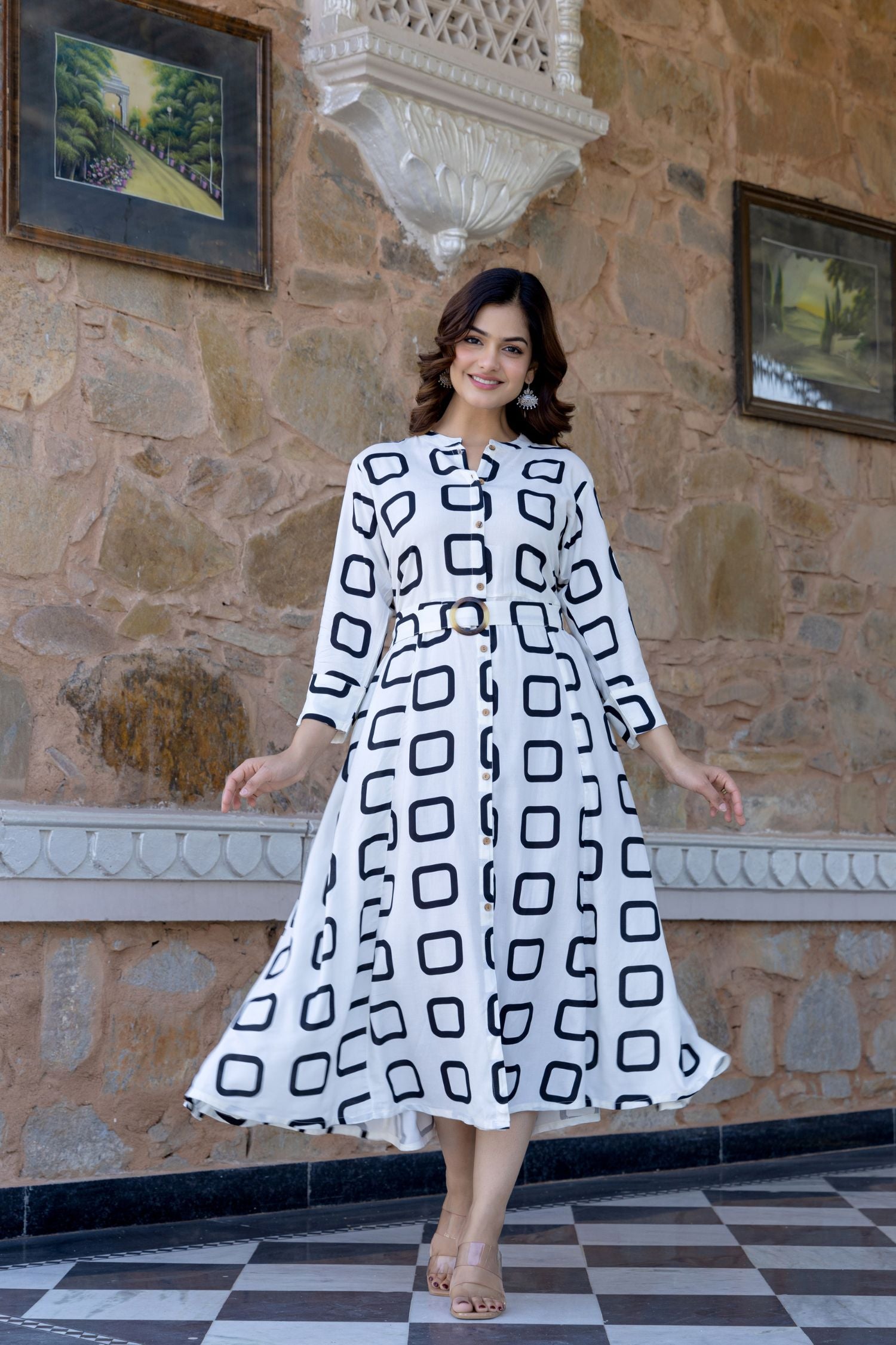 White Belted Shirt Dress with Modern Block Prints