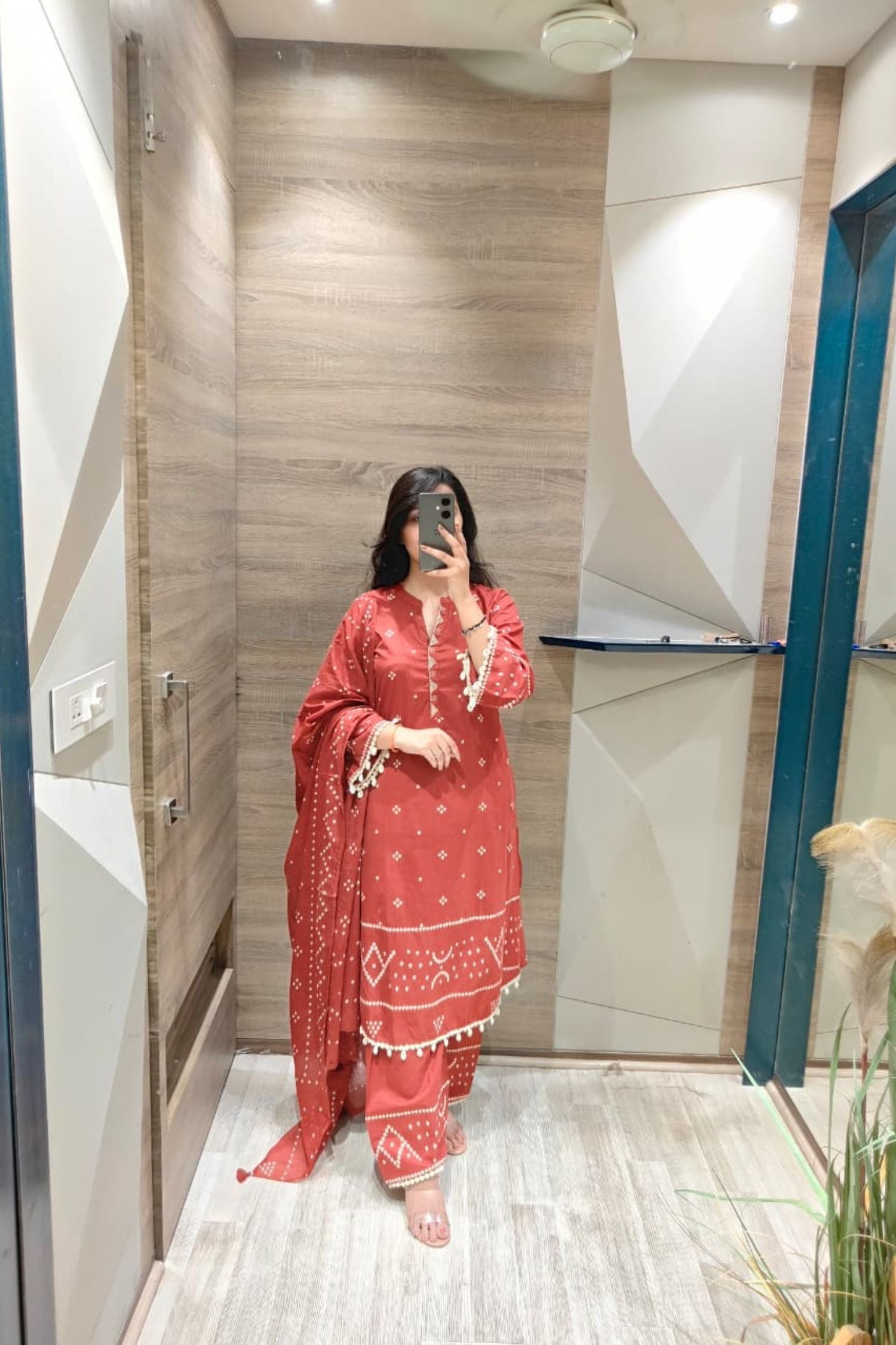 Red Three-Piece Suit with Dupatta and Delicate Kodiya on Sleeves