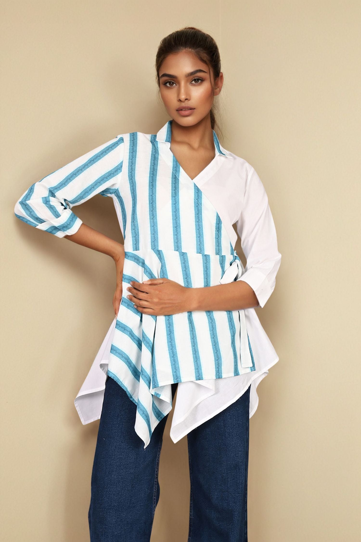 White Cotton Top with Classic Blue Striped Design