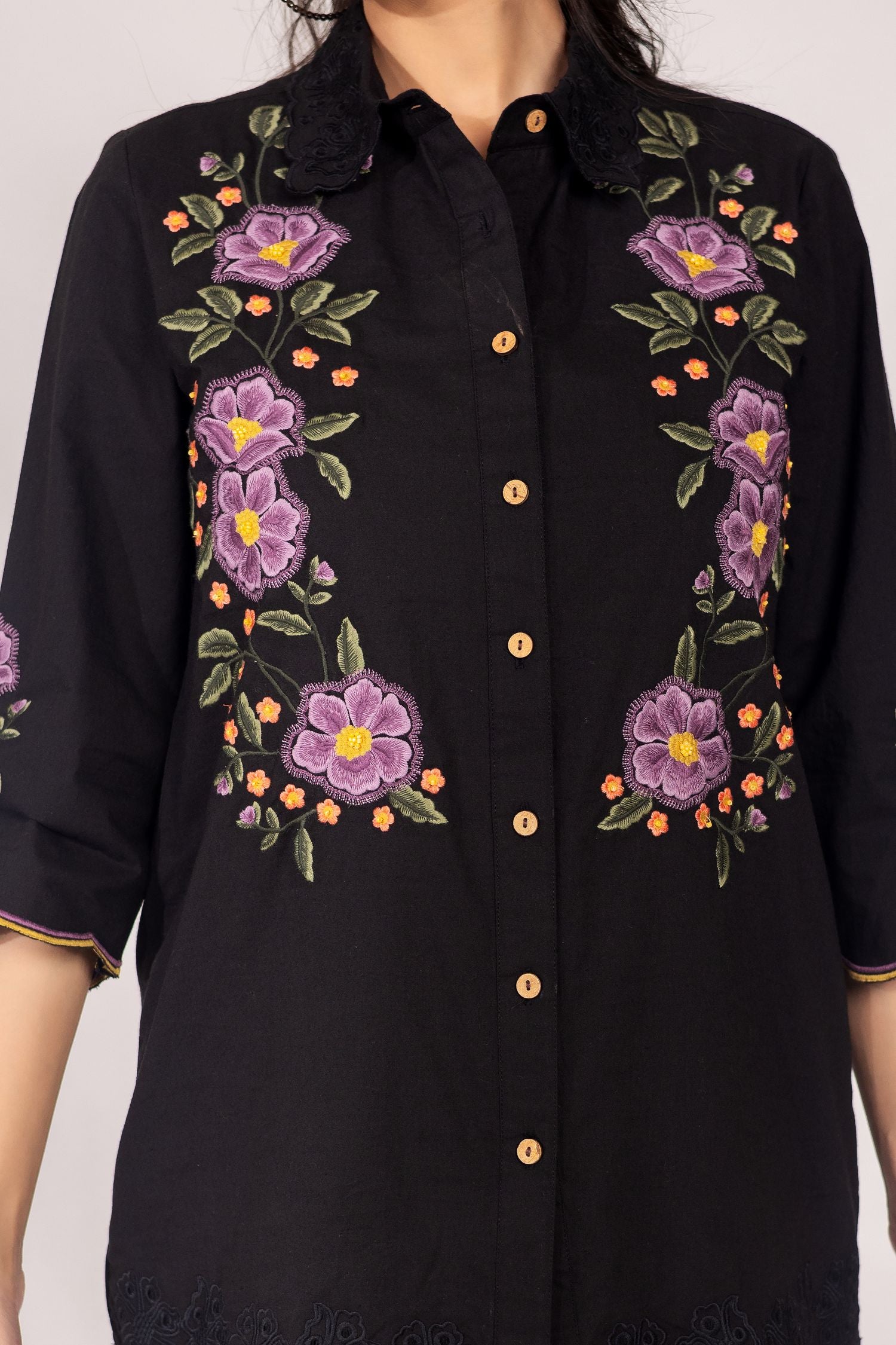 Black Cotton Co-ord Set with Multi Floral Work