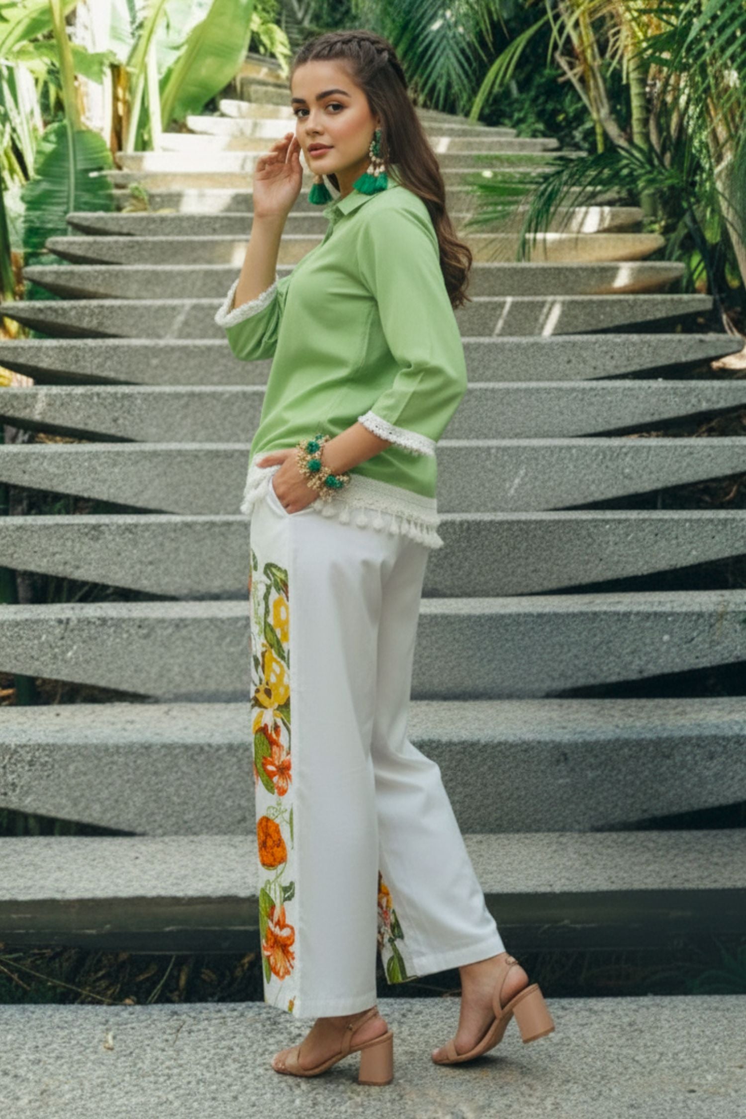 Green Cotton Co-ord Set with Printed Bottom