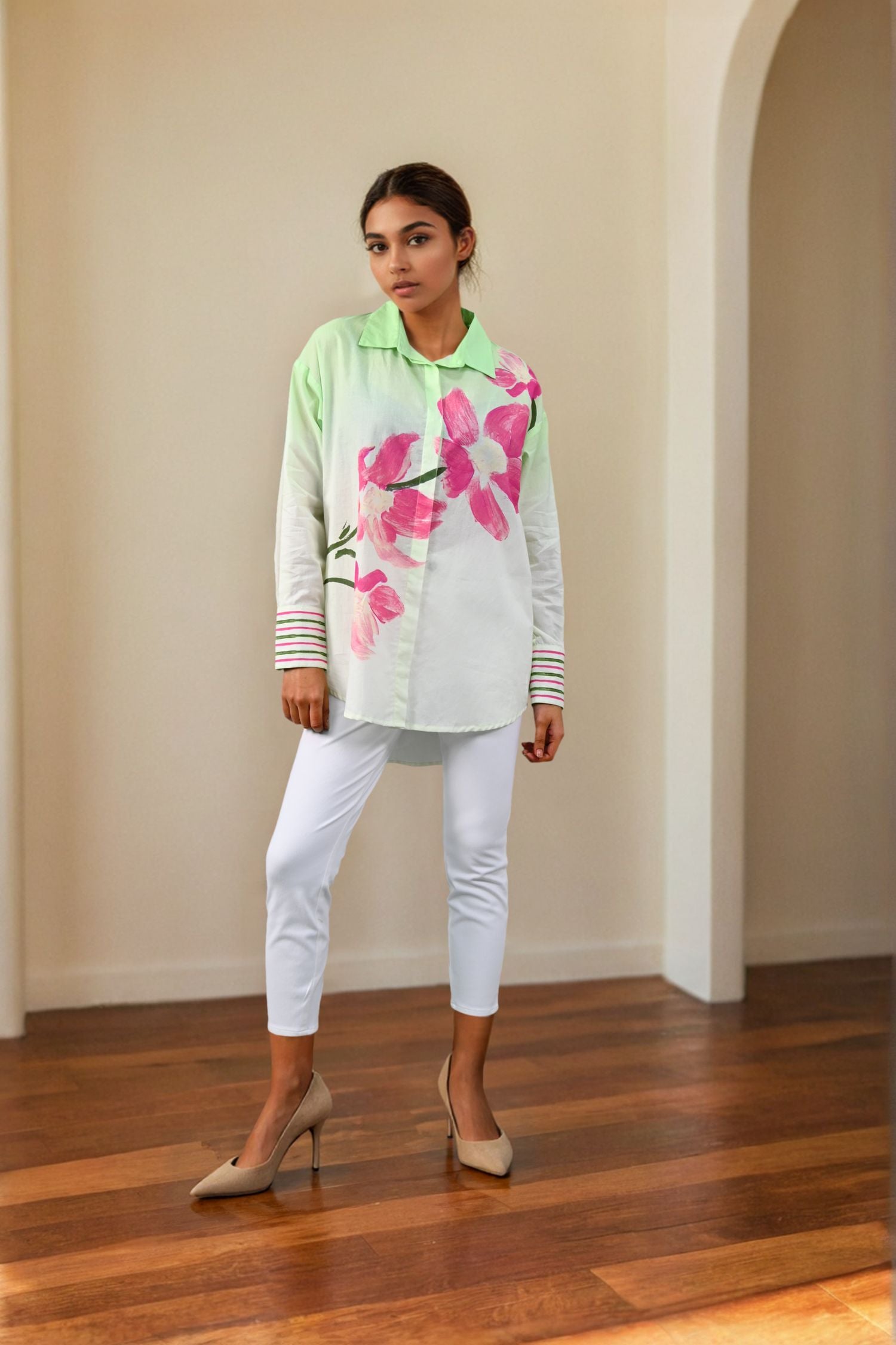 Green Shirt with Floral Design