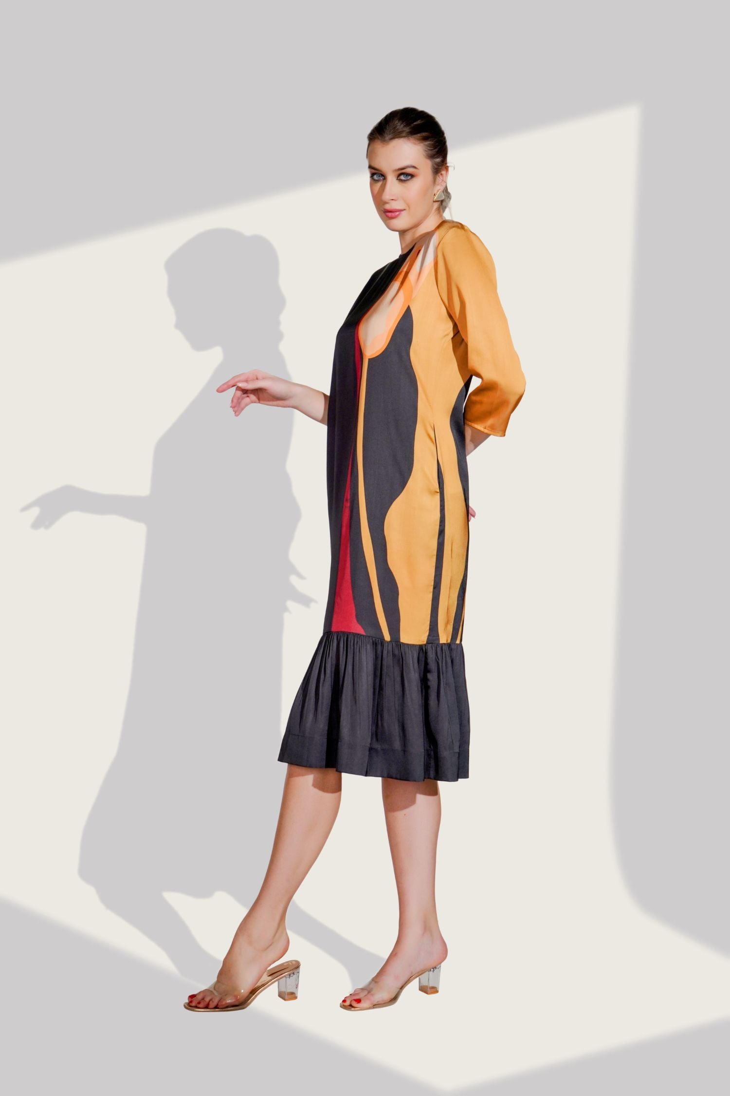 Black Long Dress with Side Print With Pockets