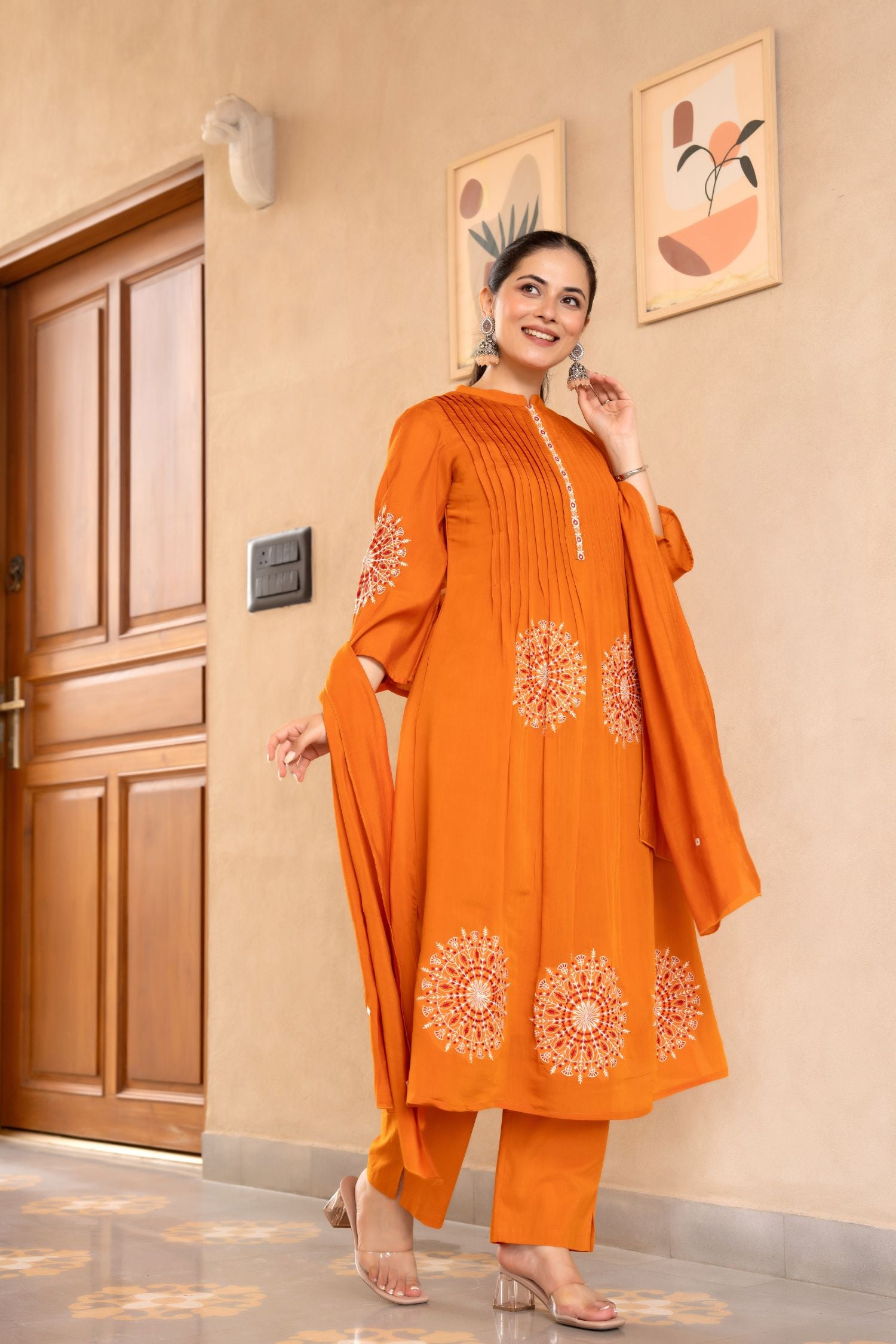 Cotton Three-Piece Ensemble with Elegant Neck Embroidery and Bold Circle Motif