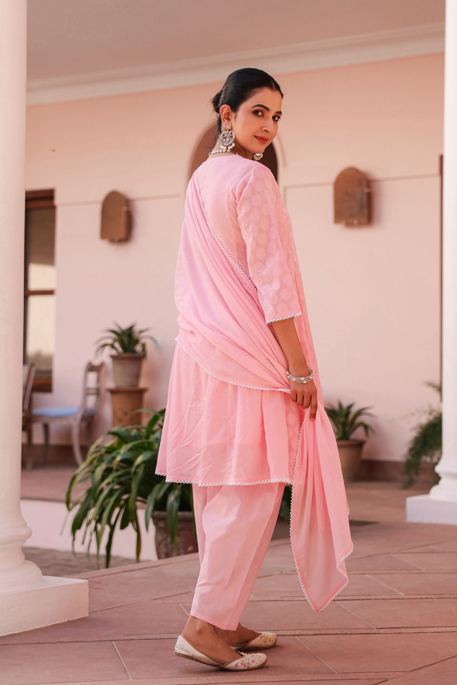 Freyaa Pink Self Design Calf-Length Anarkali Cotton Kurta Trouser Dupatta Set