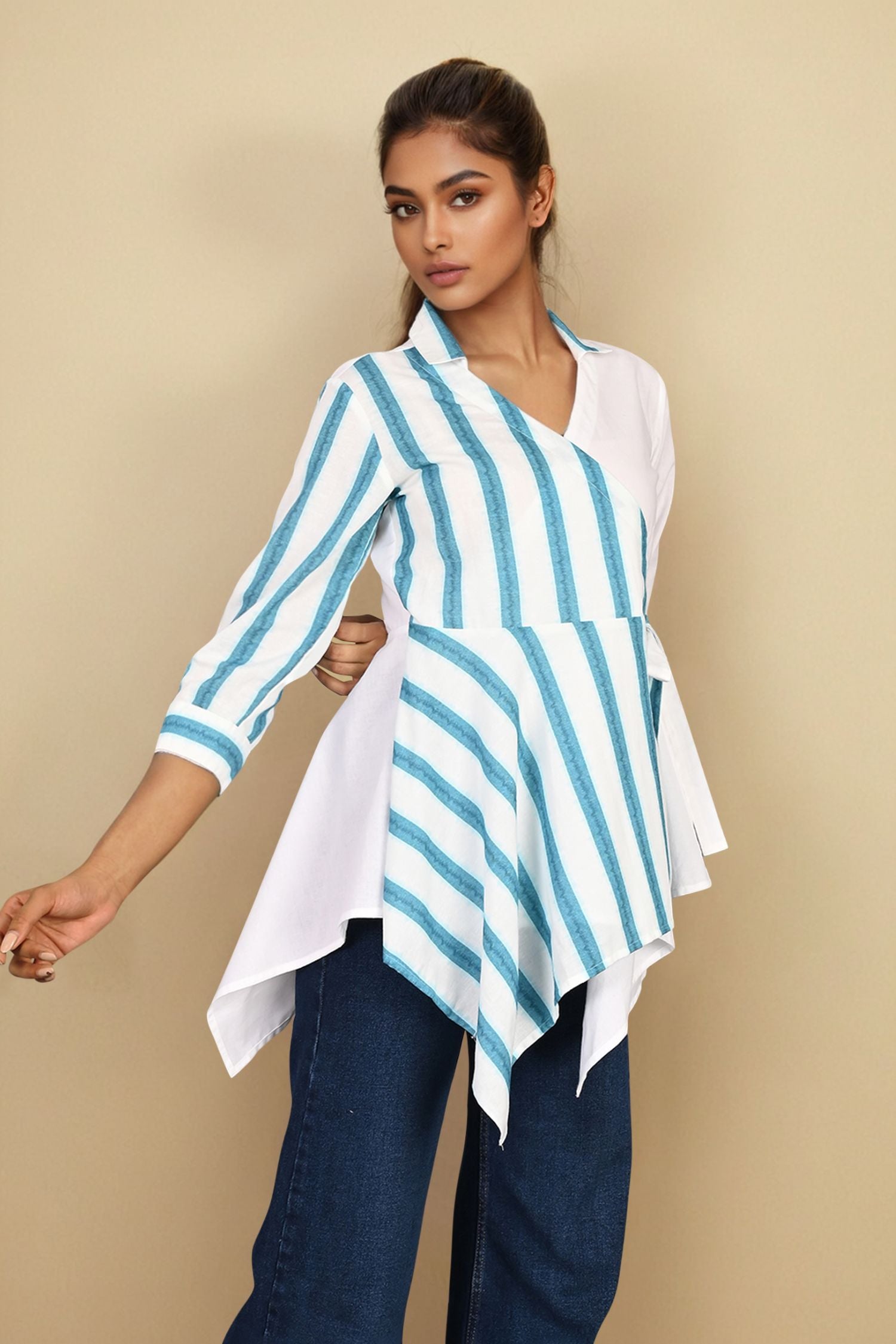 White Cotton Top with Classic Blue Striped Design