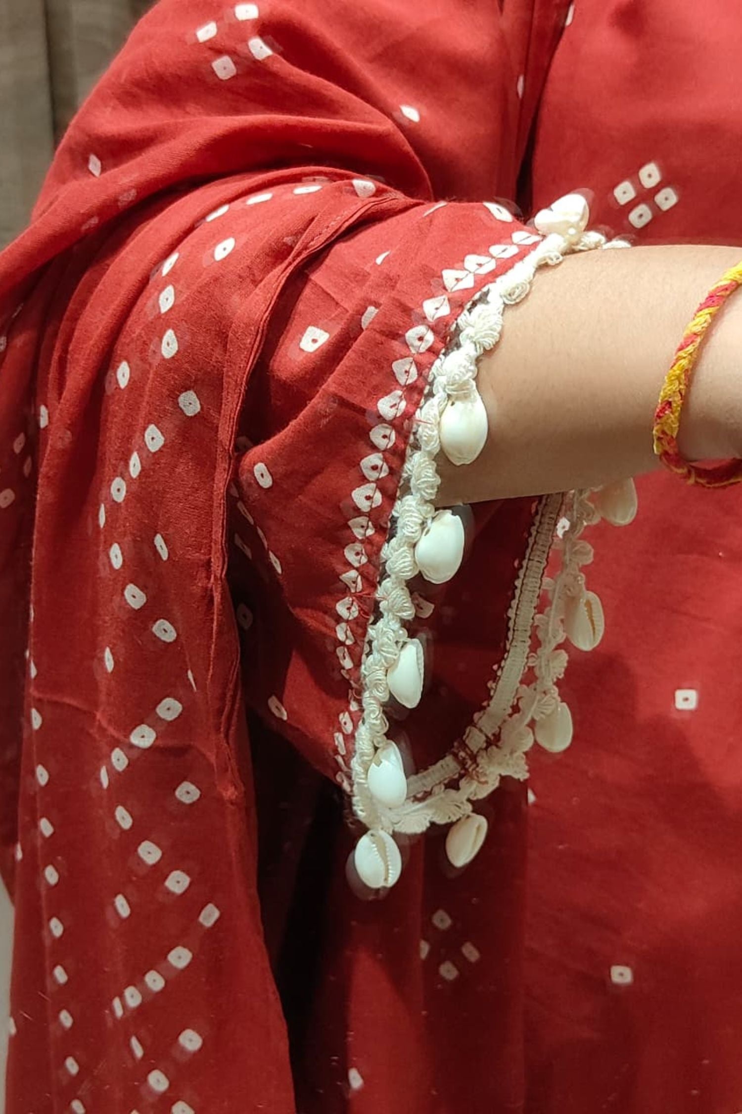 Red Three-Piece Suit with Dupatta and Delicate Kodiya on Sleeves