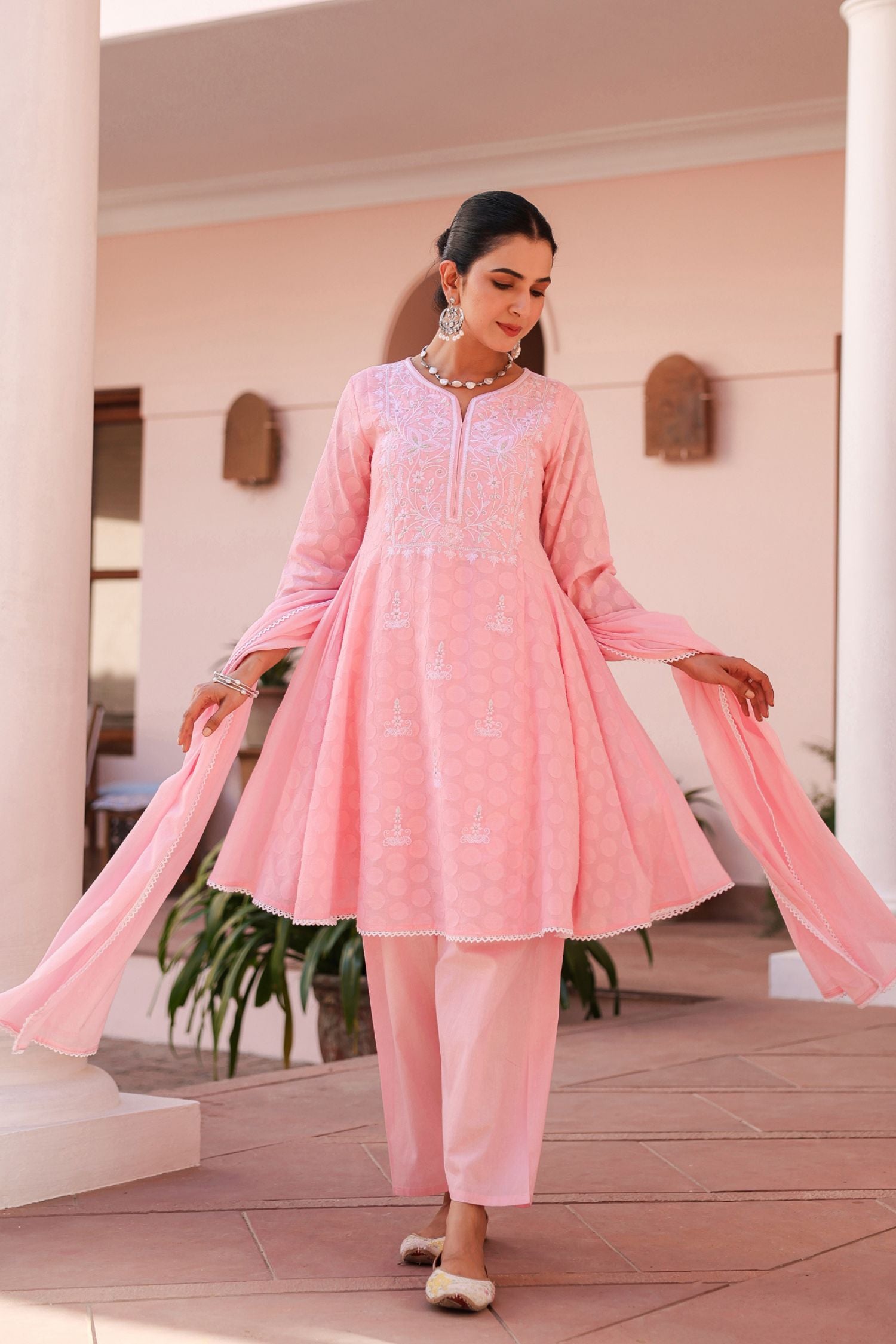 Freyaa Pink Self Design Calf-Length Anarkali Cotton Kurta Trouser Dupatta Set