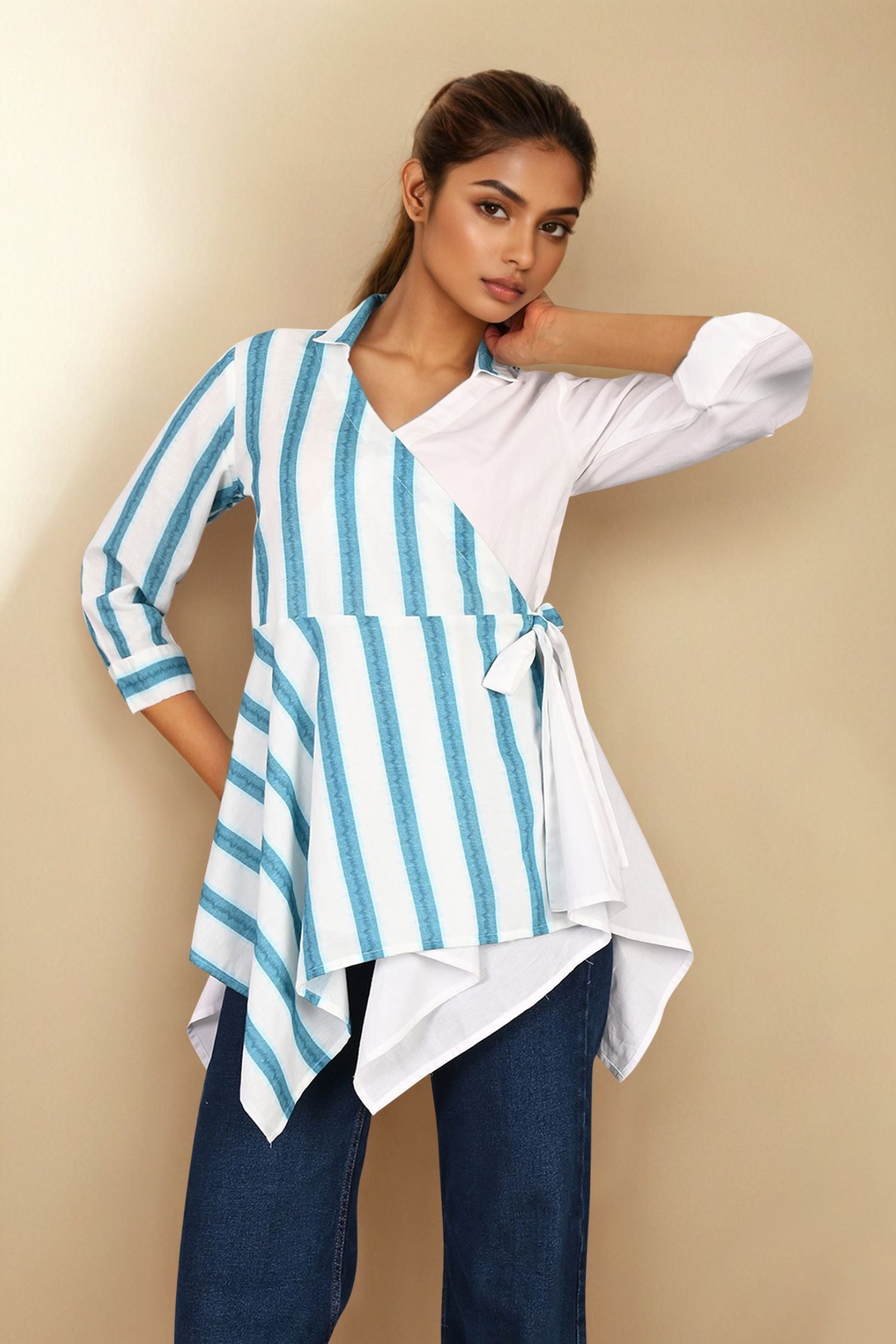 White Cotton Top with Classic Blue Striped Design
