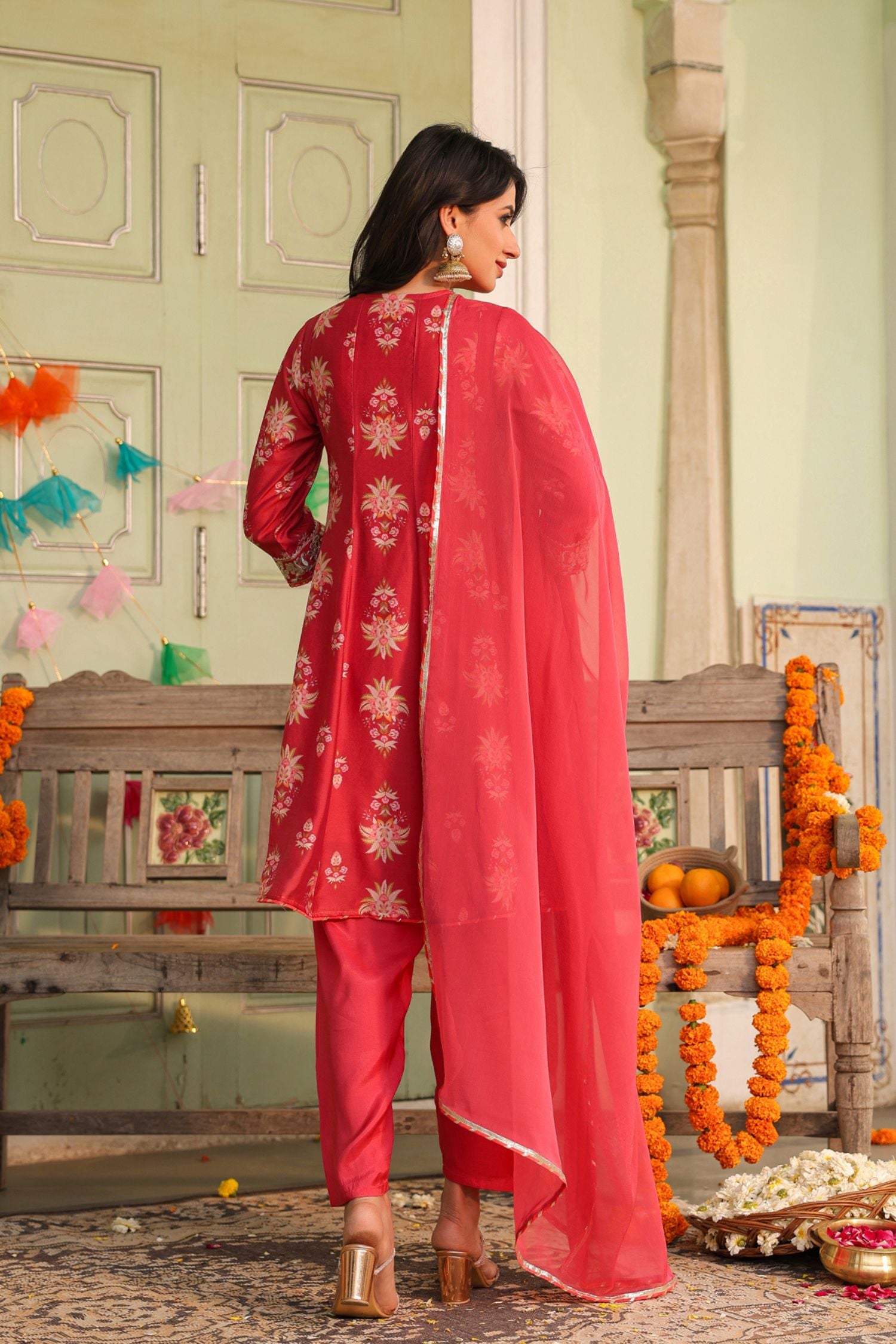 Freyaa Coral Pink Printed Embroidered Silk Blend Calf-Length Anarkali Suit With Dupatta