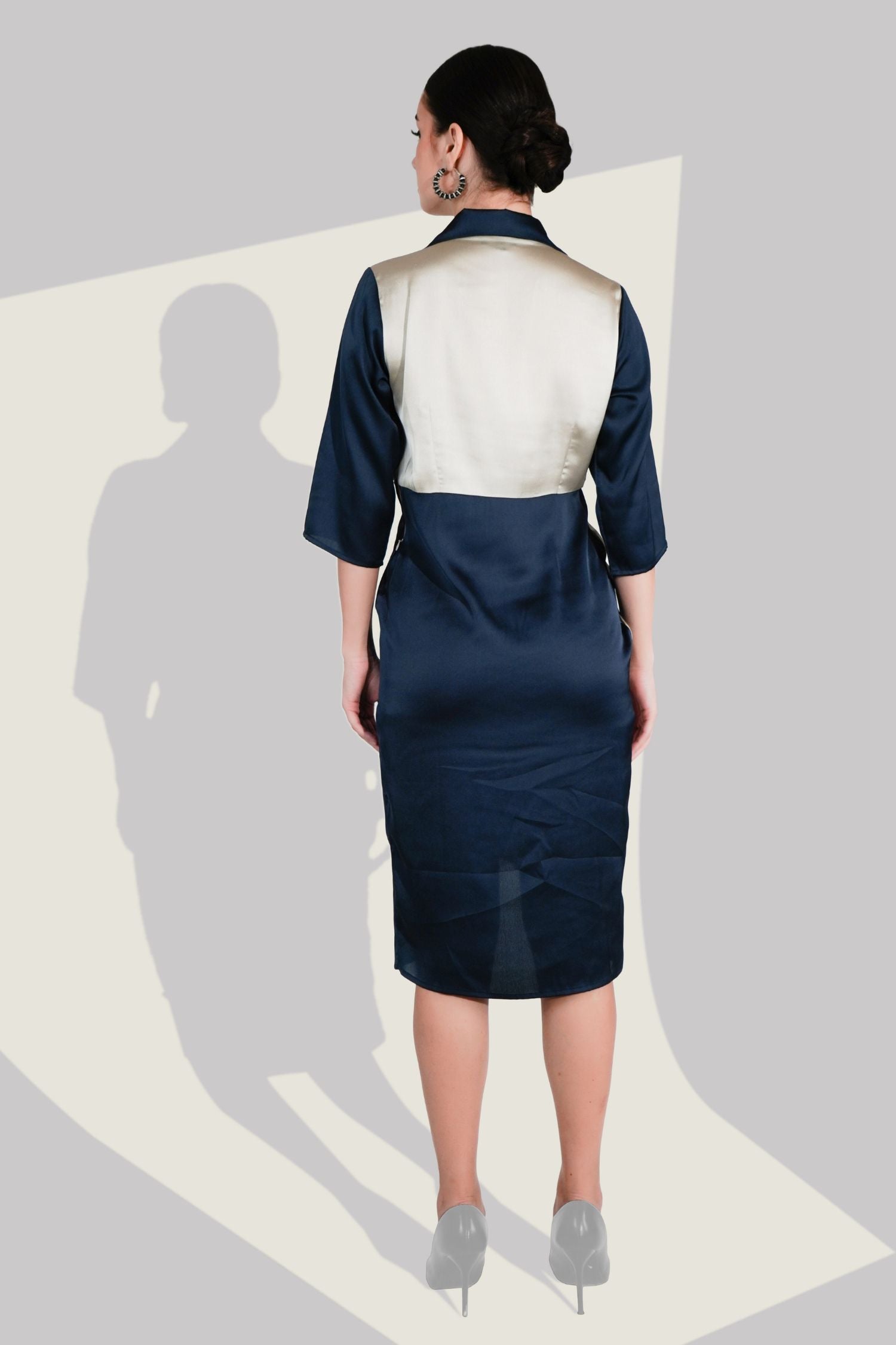 Navy Blue Satin Wrap Midi Dress