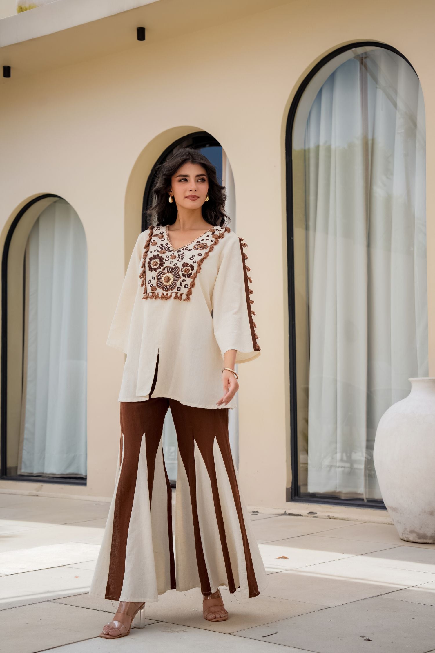 Brown Cord Set with Embroidered Top and Palazzo Pants