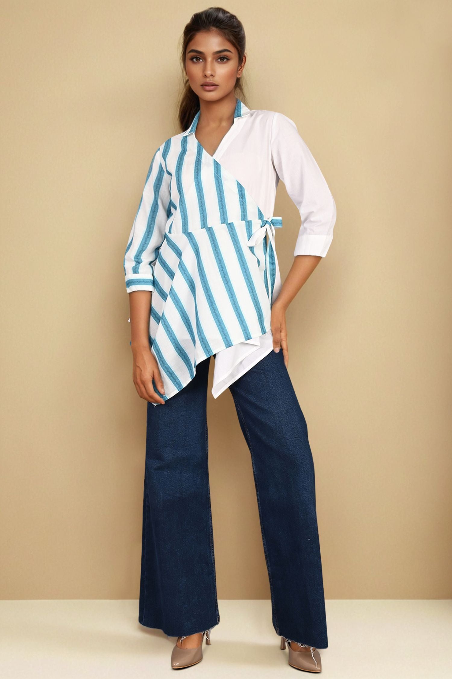White Cotton Top with Classic Blue Striped Design