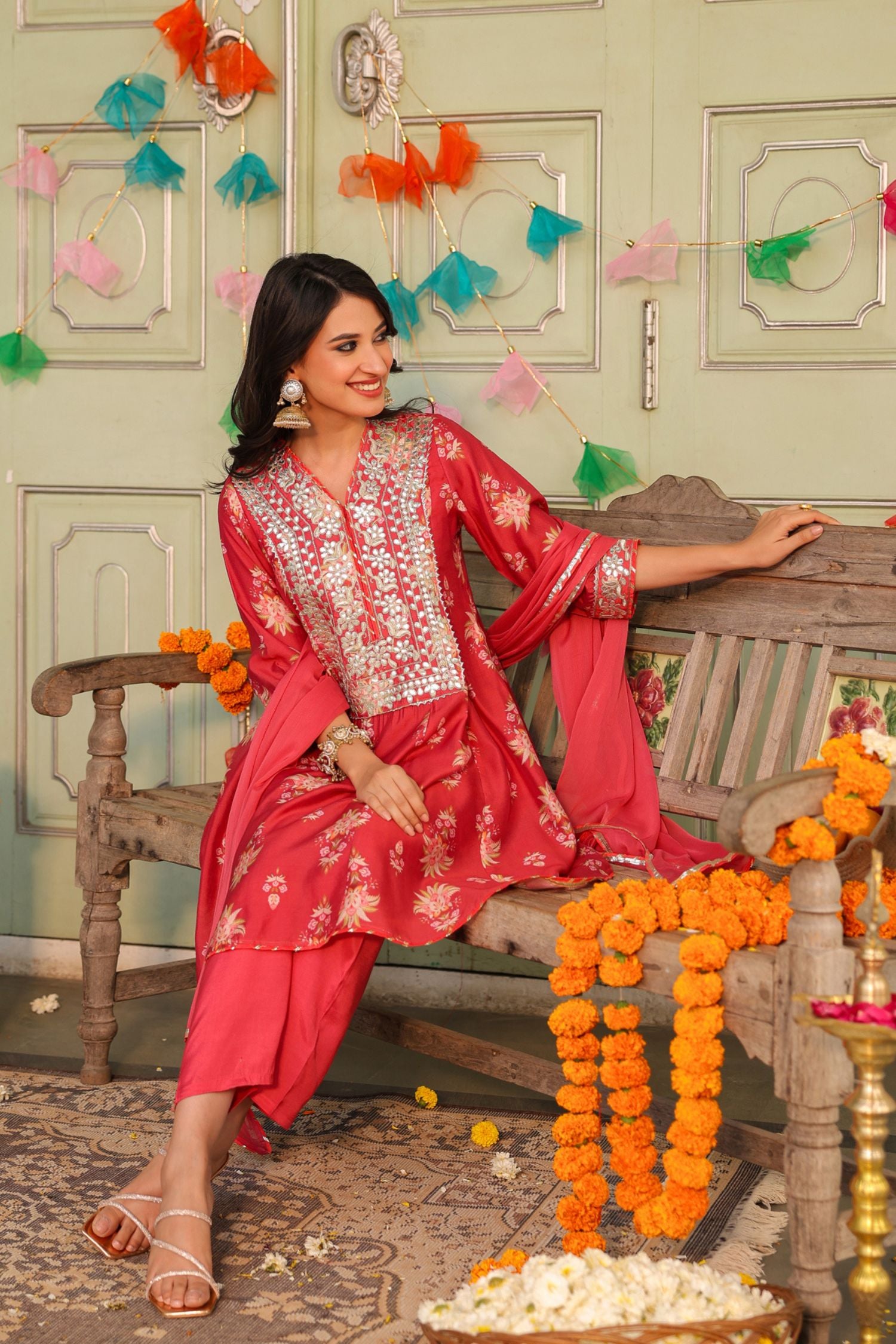 Freyaa Coral Pink Printed Embroidered Silk Blend Calf-Length Anarkali Suit With Dupatta