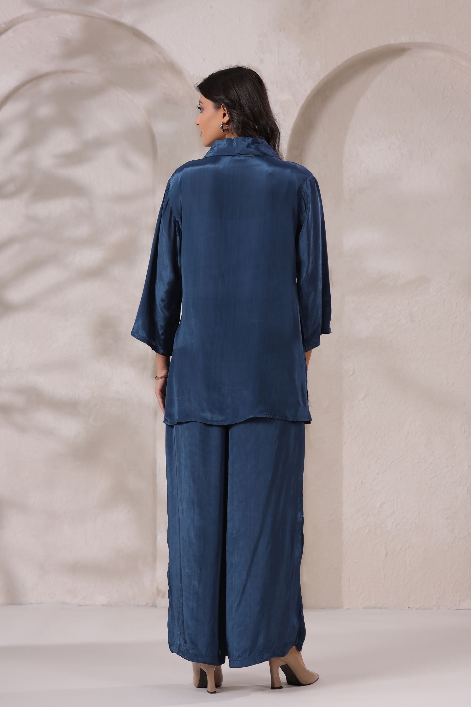 Blue Satin Golden Floral Embroidered Cord Set