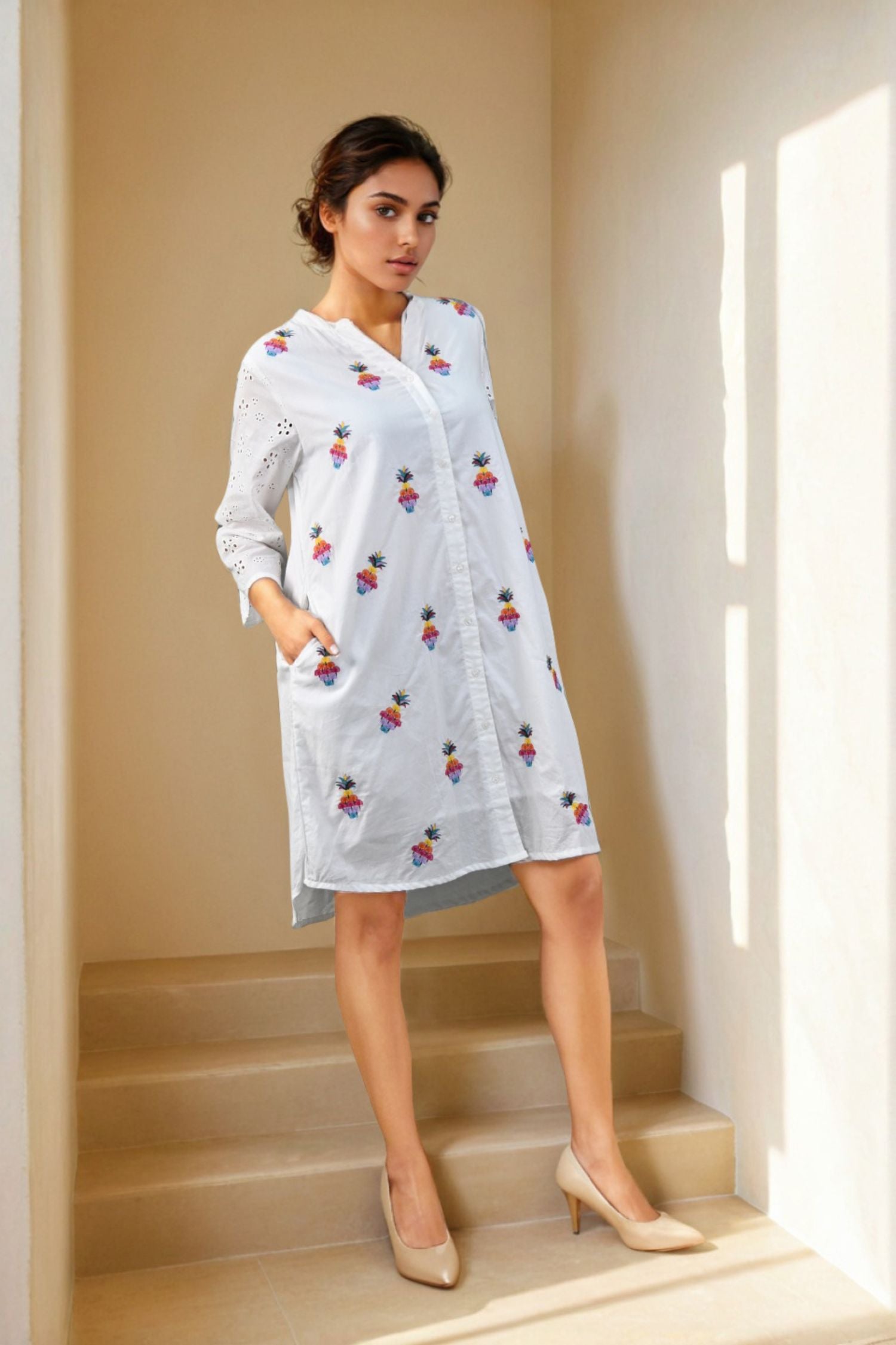 White Shirt-Style Tunic Dress with Playful Pineapple Print
