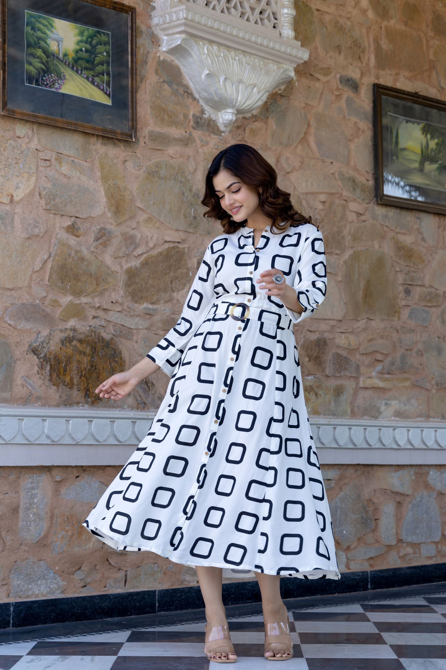 White Belted Shirt Dress with Modern Block Prints