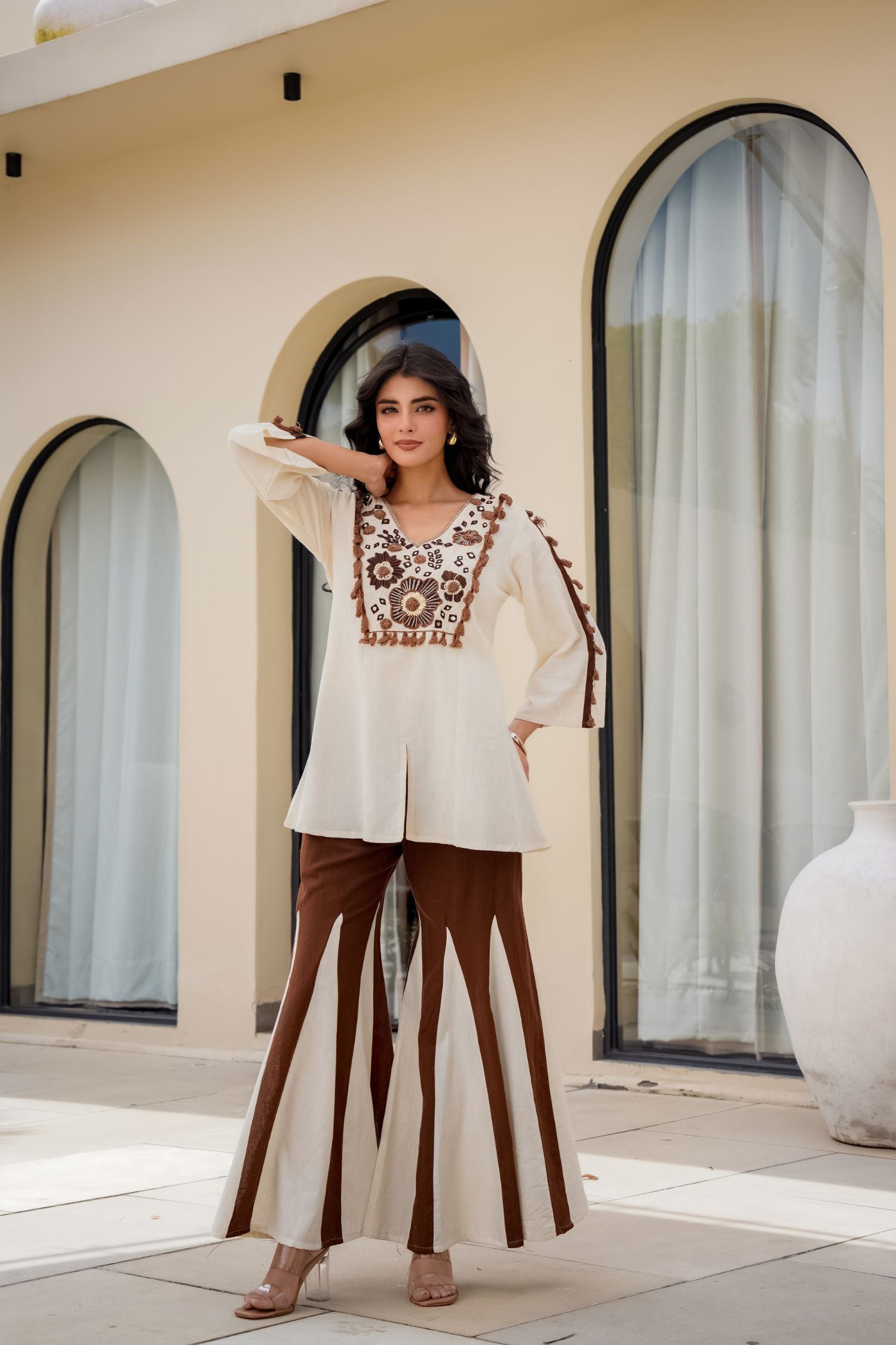 Brown Cord Set with Embroidered Top and Palazzo Pants