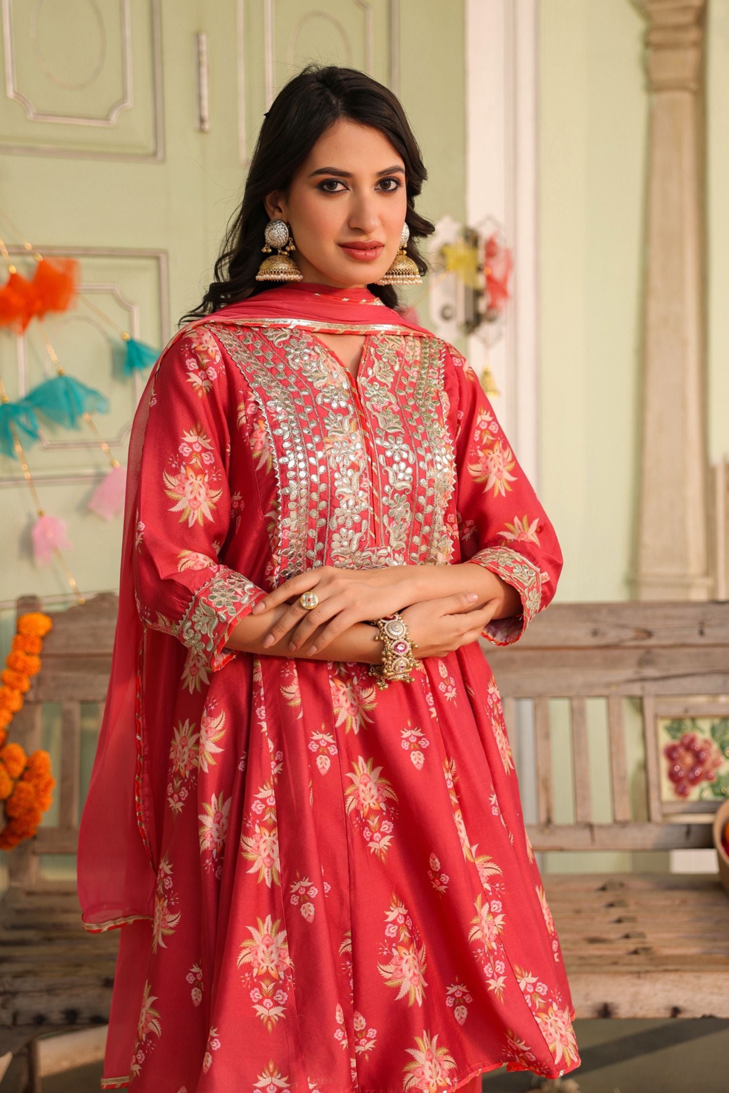 Freyaa Coral Pink Printed Embroidered Silk Blend Calf-Length Anarkali Suit With Dupatta