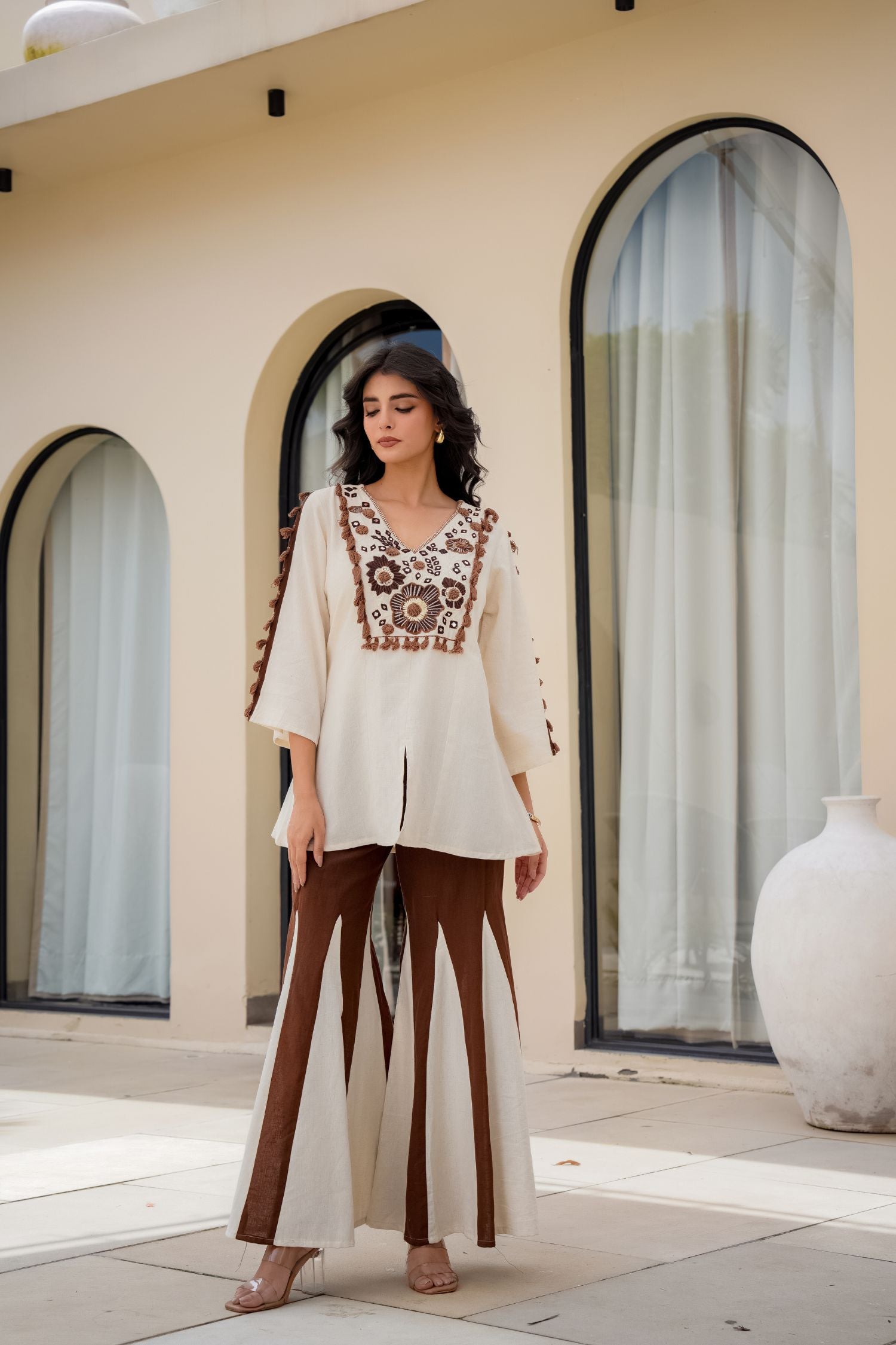 Brown Cord Set with Embroidered Top and Palazzo Pants