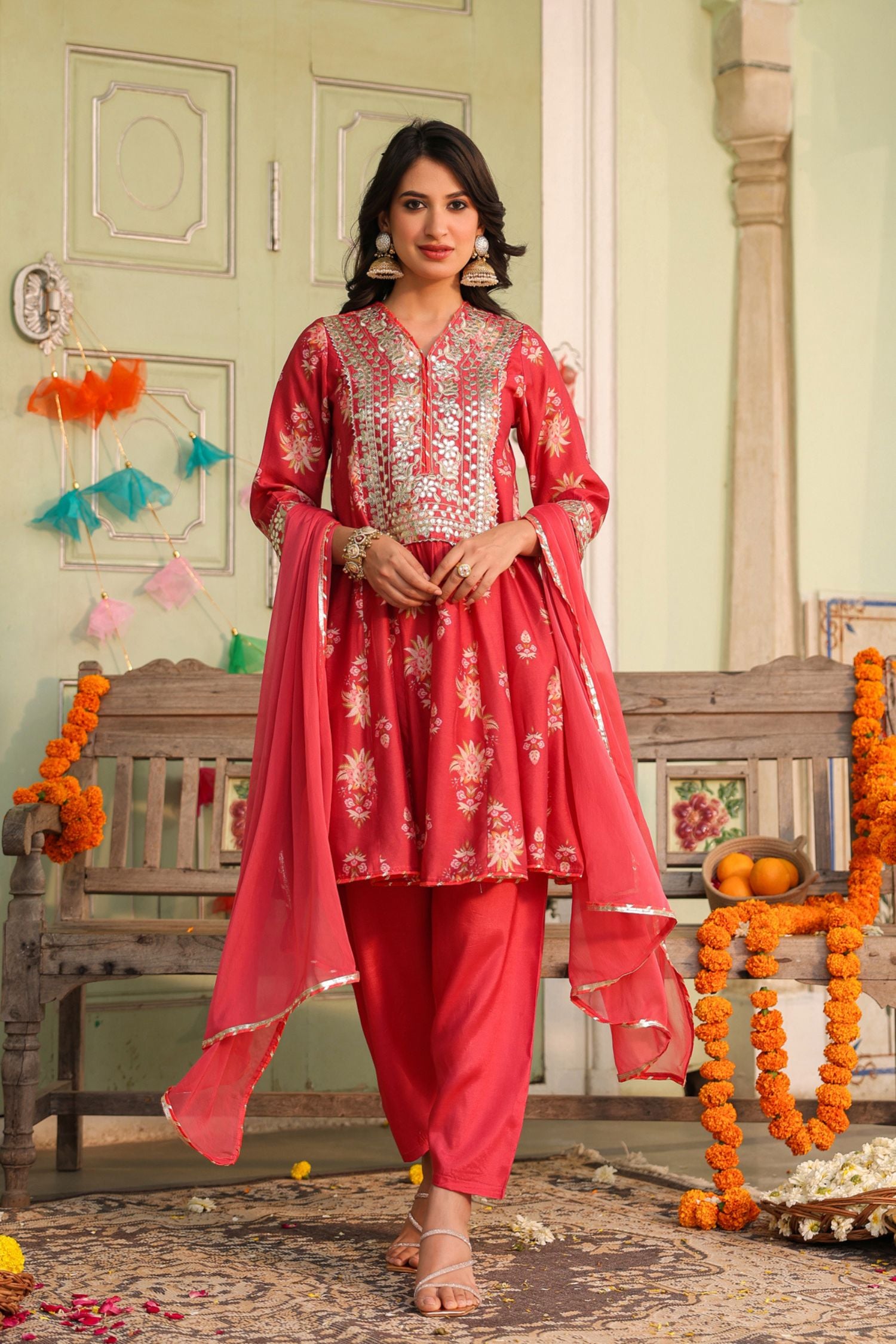 Freyaa Coral Pink Printed Embroidered Silk Blend Calf-Length Anarkali Suit With Dupatta