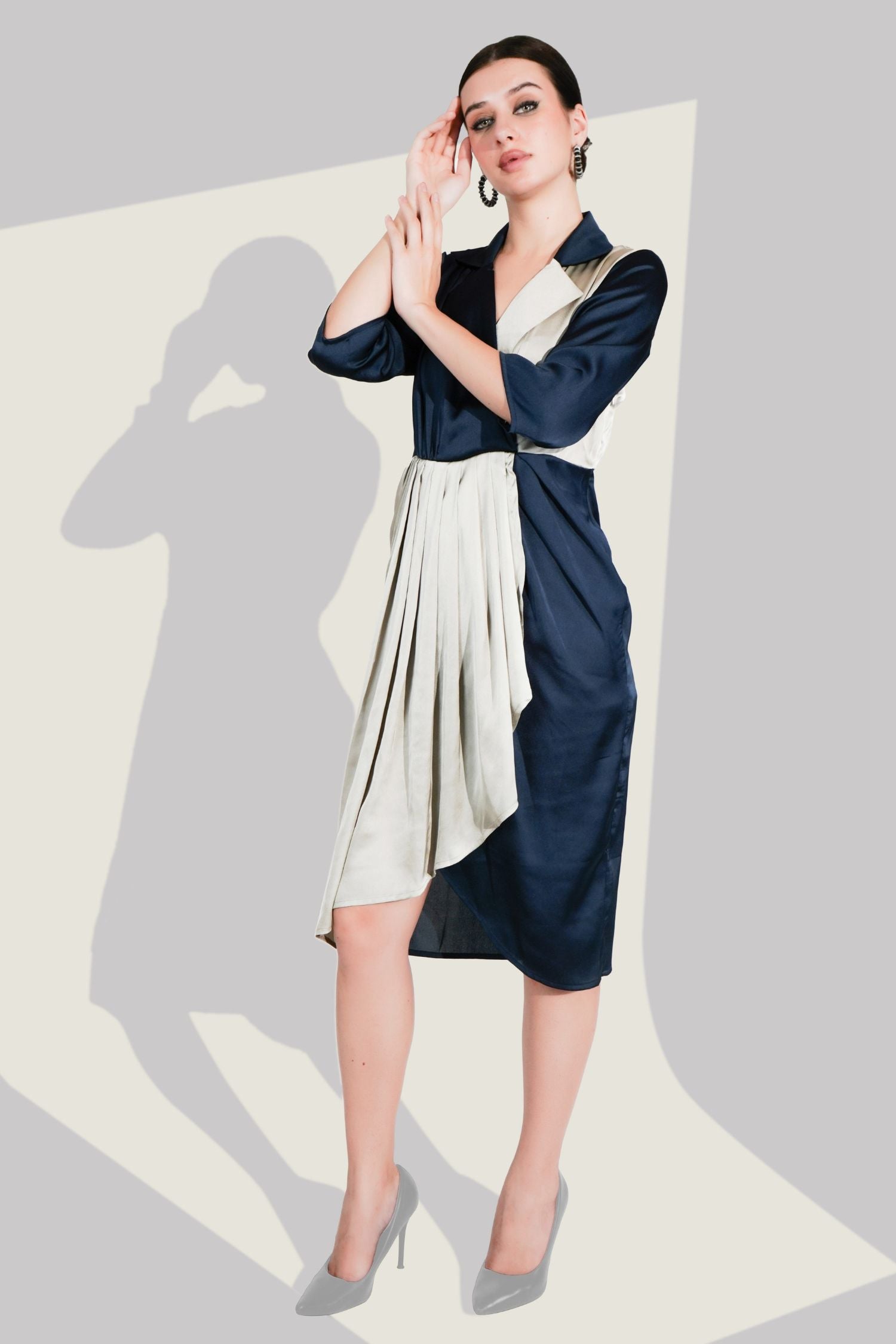 Navy Blue Satin Wrap Midi Dress