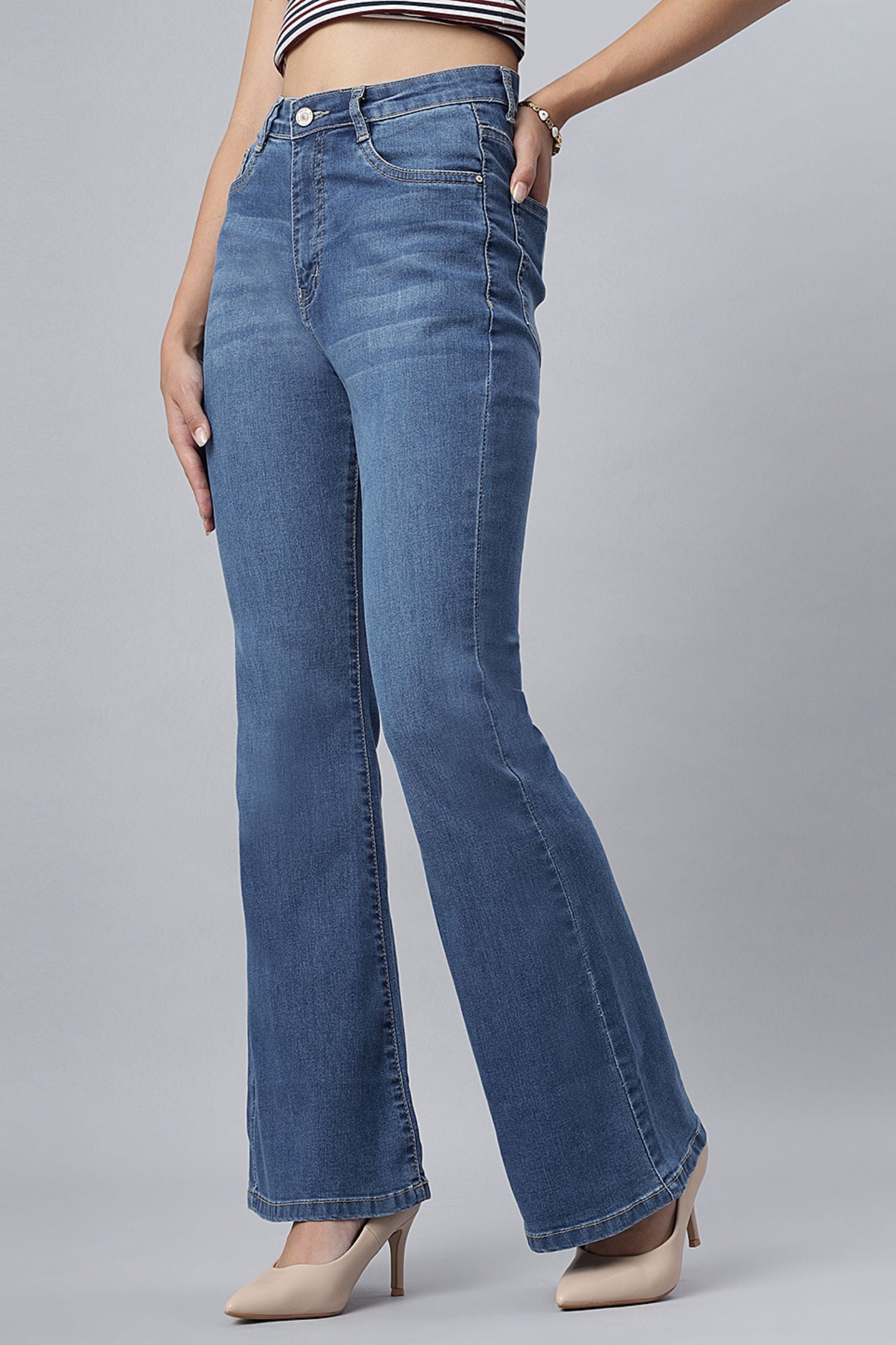 High-Waist Stone Bootcut Jeans