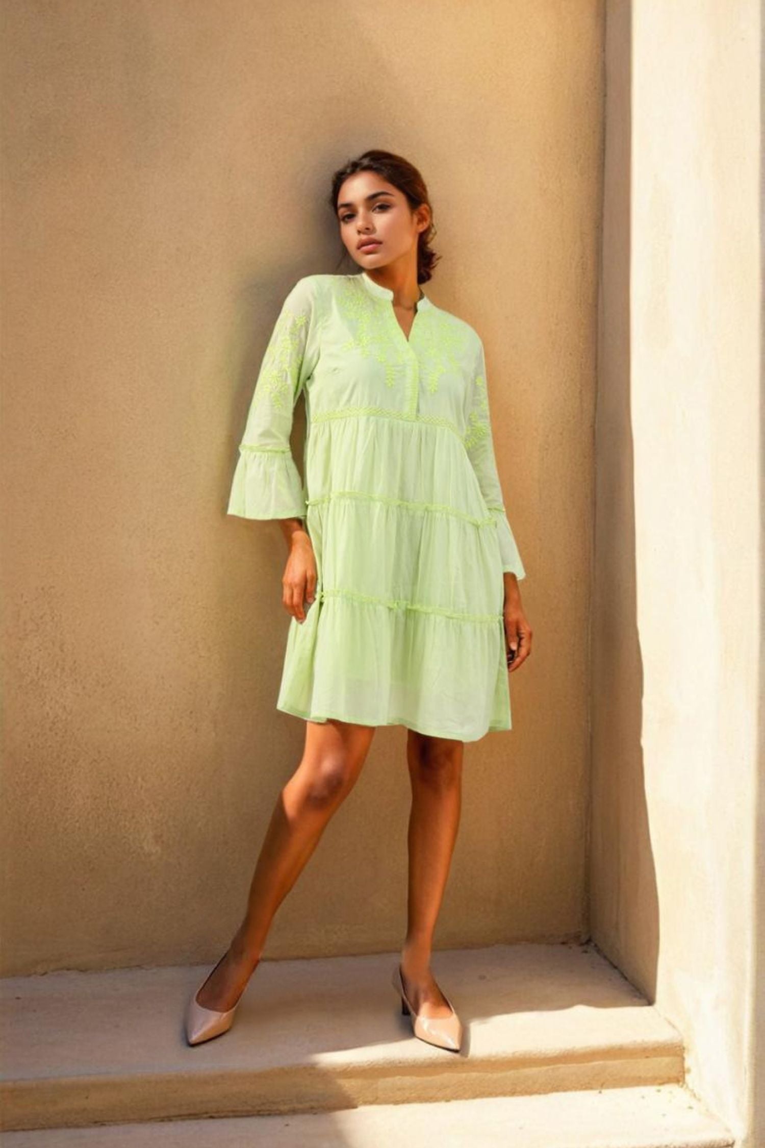 Mint Dress in Cotton with Loose Full-Length Sleeves