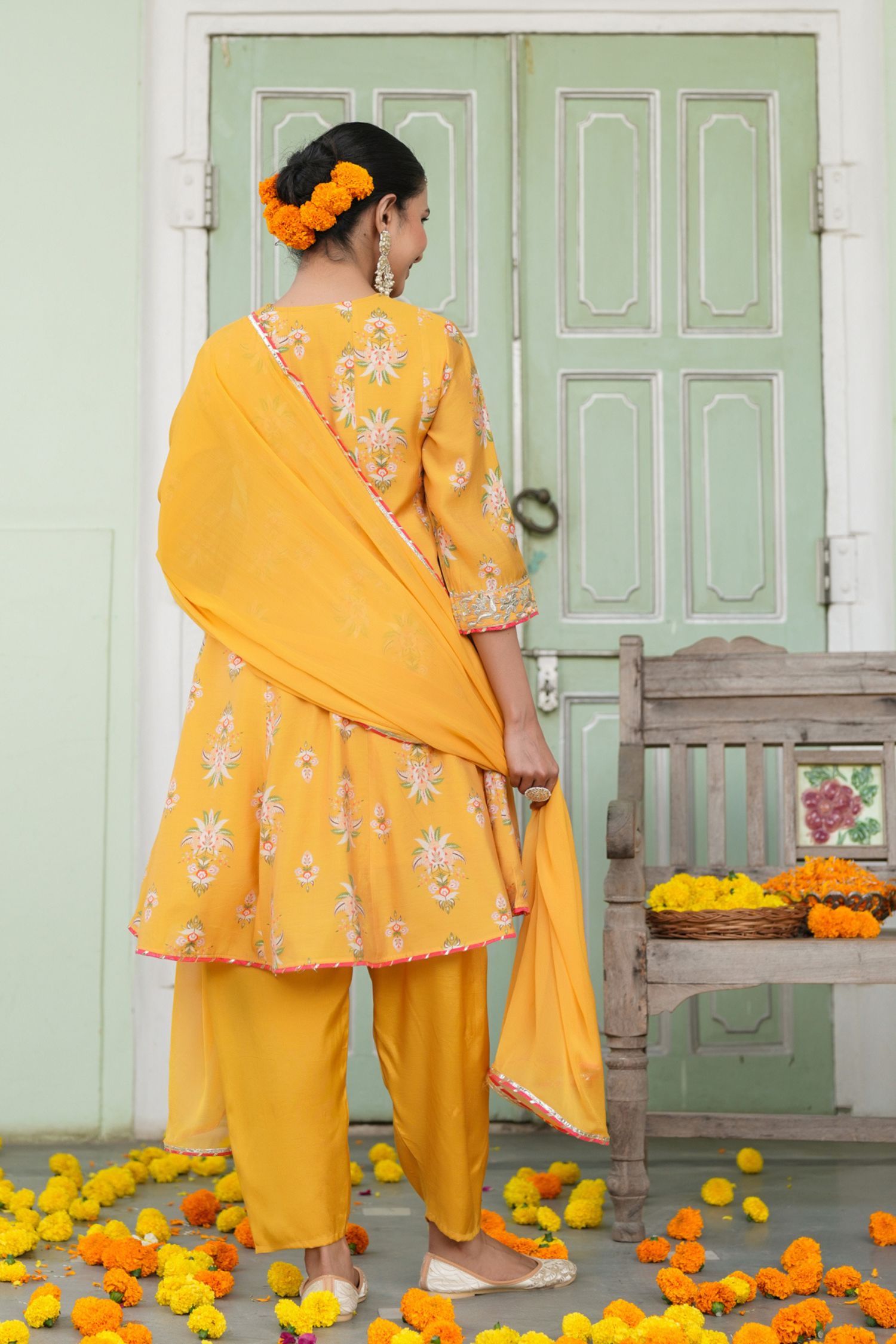 Freyaa Mustard Yellow Printed Embroidered Silk Blend Calf-Length Anarkali Suit With Dupatta