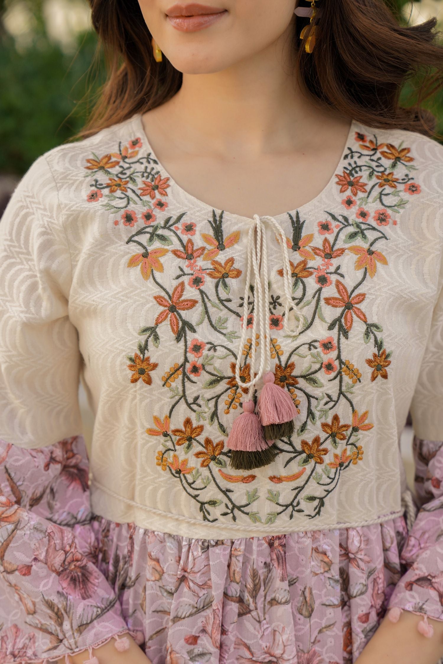 Cream Cotton Round-Neck Tunic with Two-Tone Fabric and Floral Design