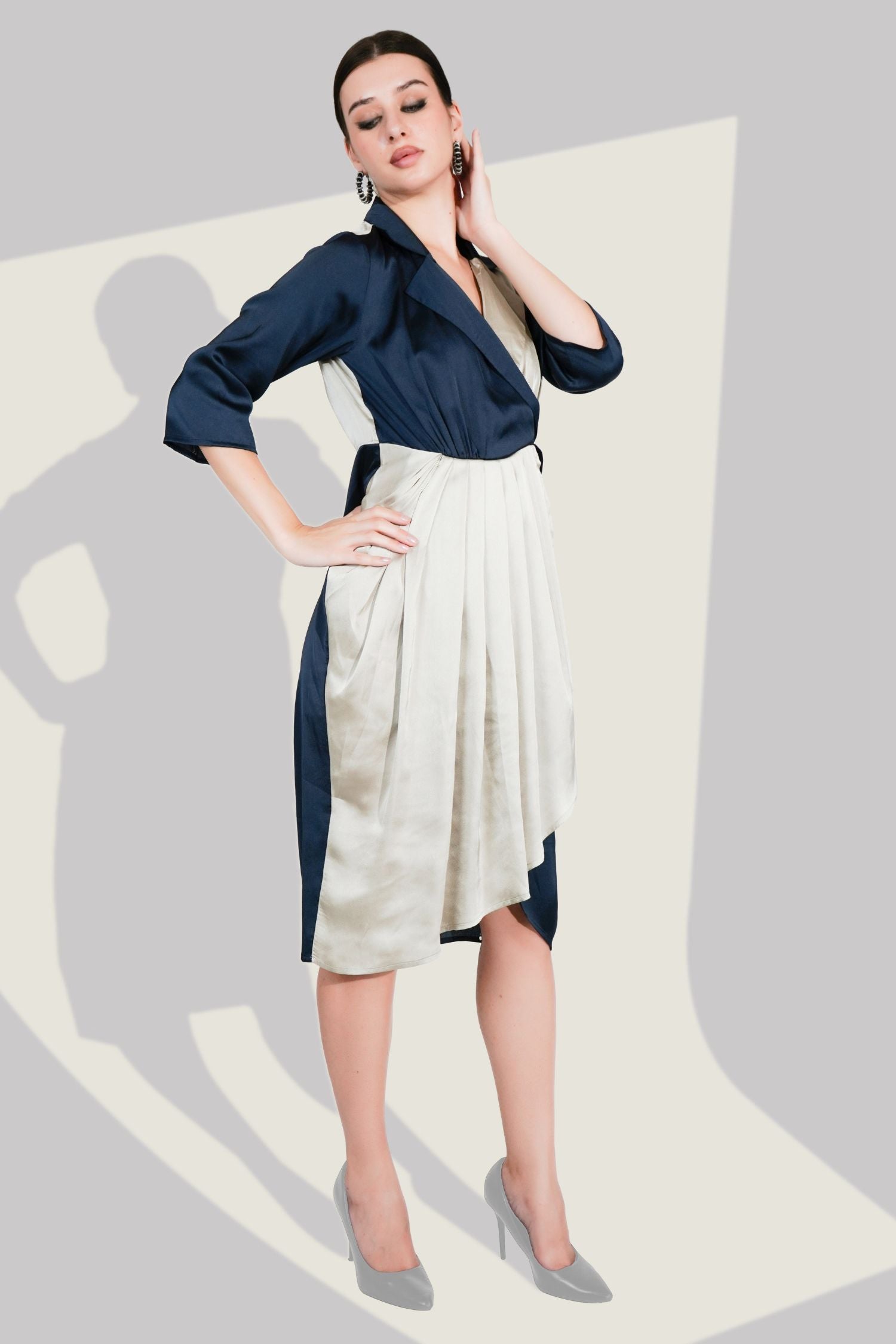 Navy Blue Satin Wrap Midi Dress