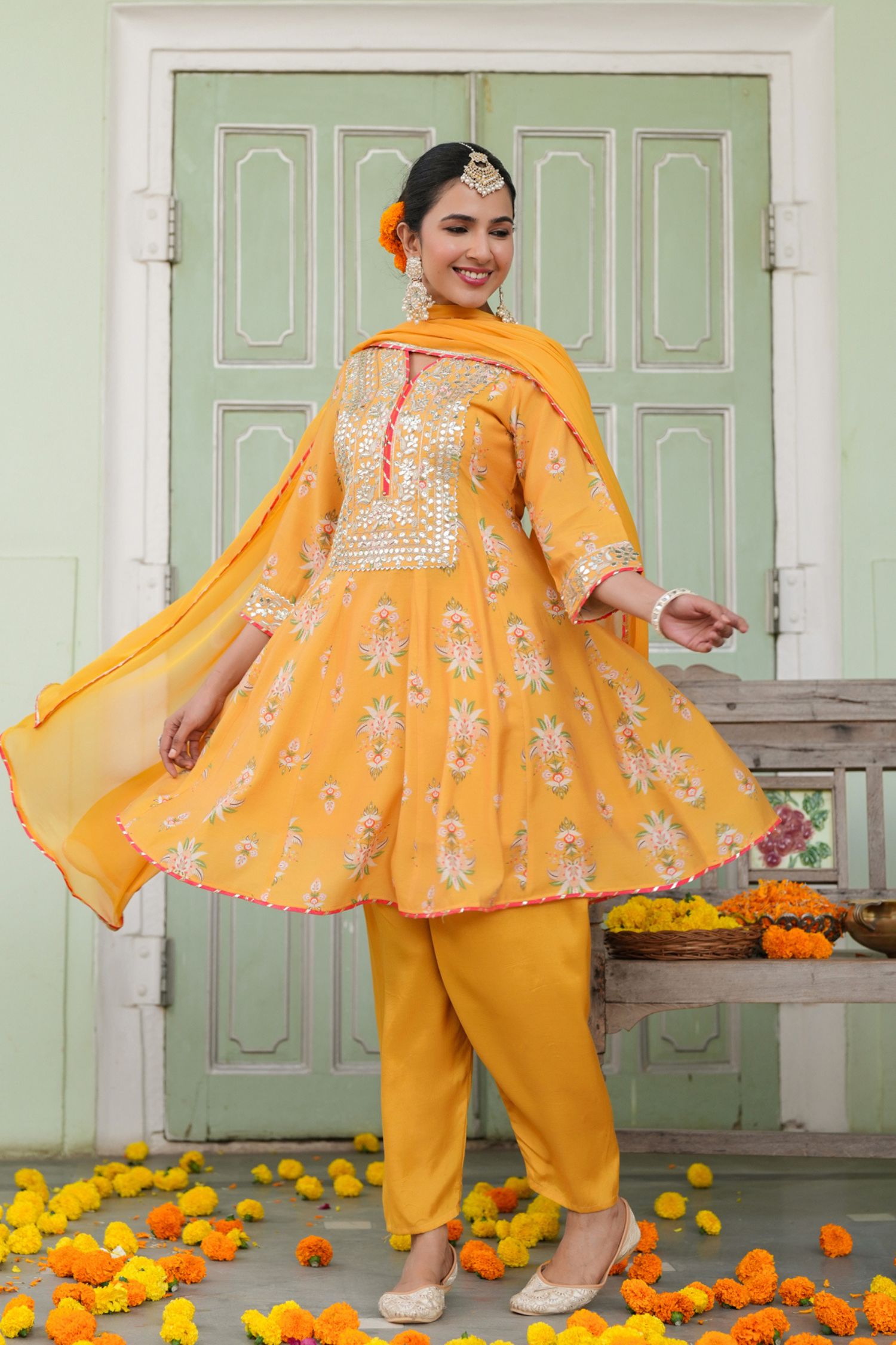 Freyaa Mustard Yellow Printed Embroidered Silk Blend Calf-Length Anarkali Suit With Dupatta