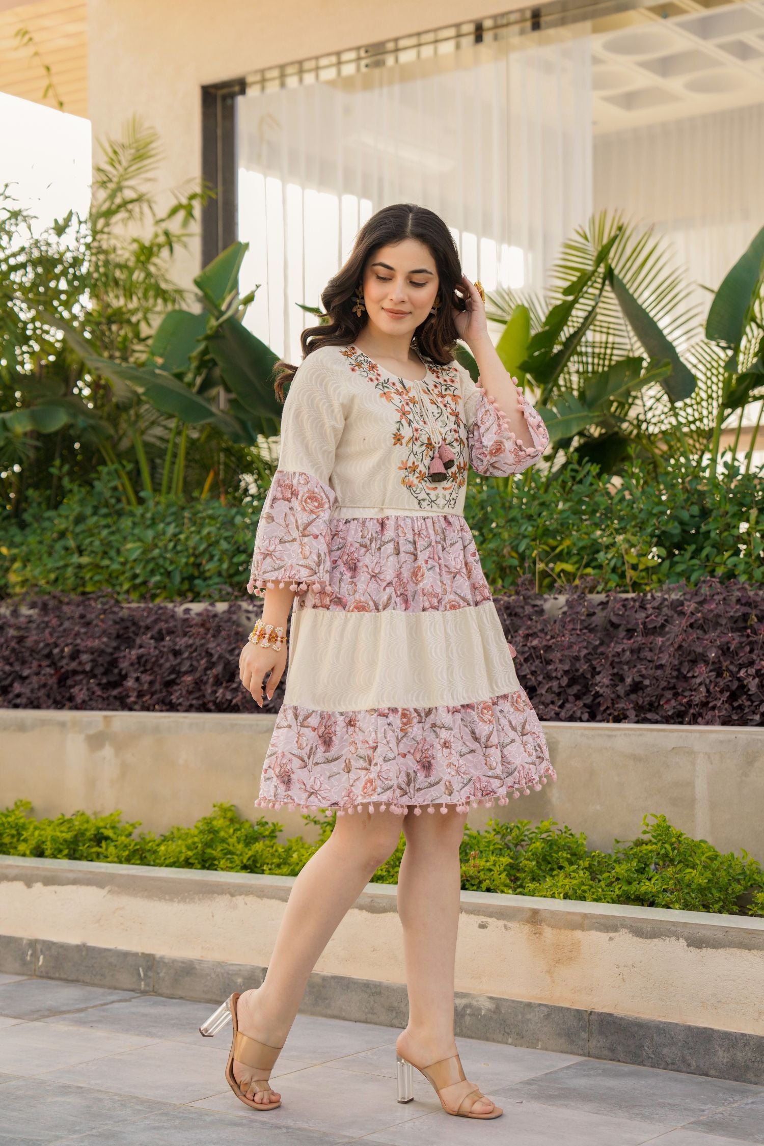 Cream Cotton Round-Neck Tunic with Two-Tone Fabric and Floral Design