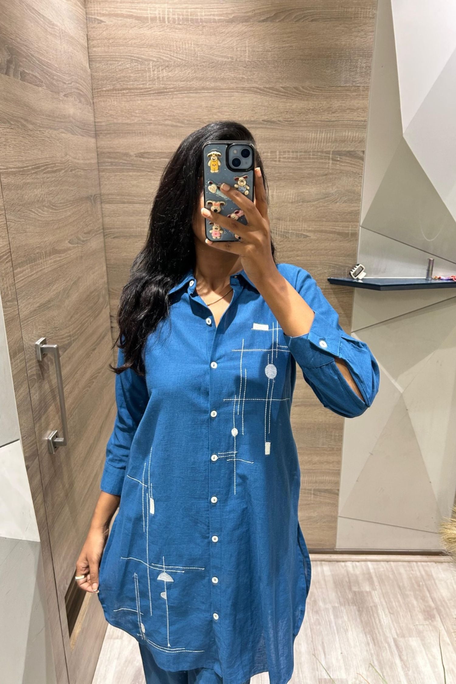 Blue Cord Set with Printed Shirt-Style Design and Pants