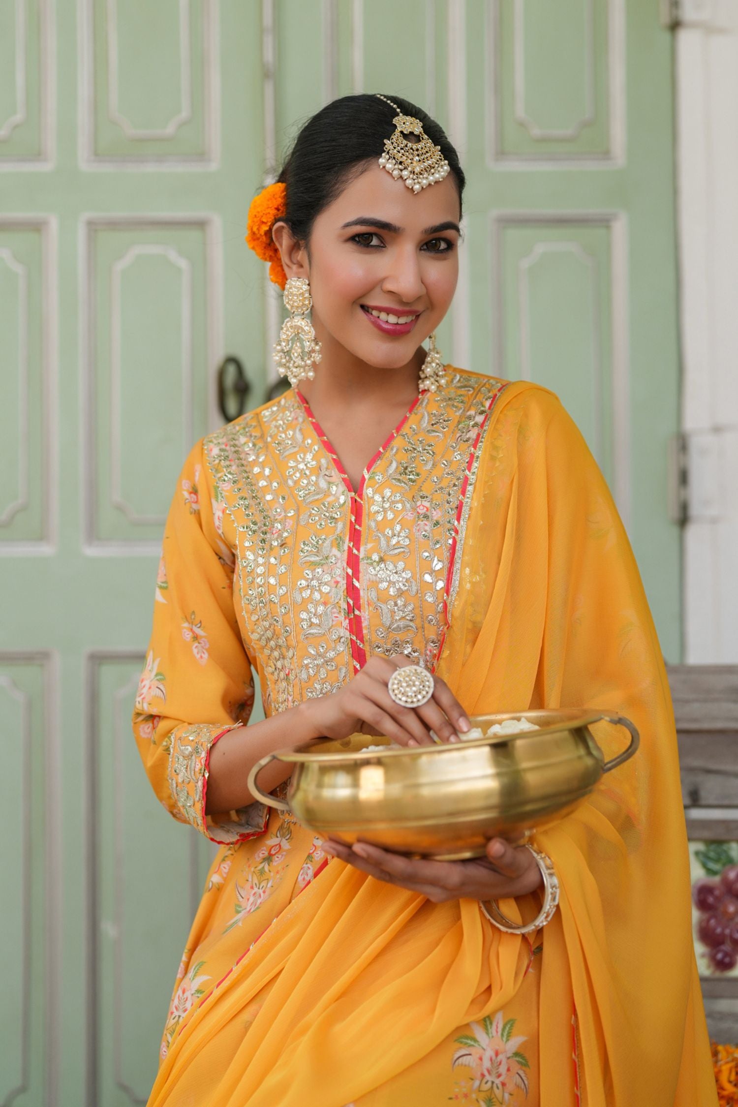 Freyaa Mustard Yellow Printed Embroidered Silk Blend Calf-Length Anarkali Suit With Dupatta