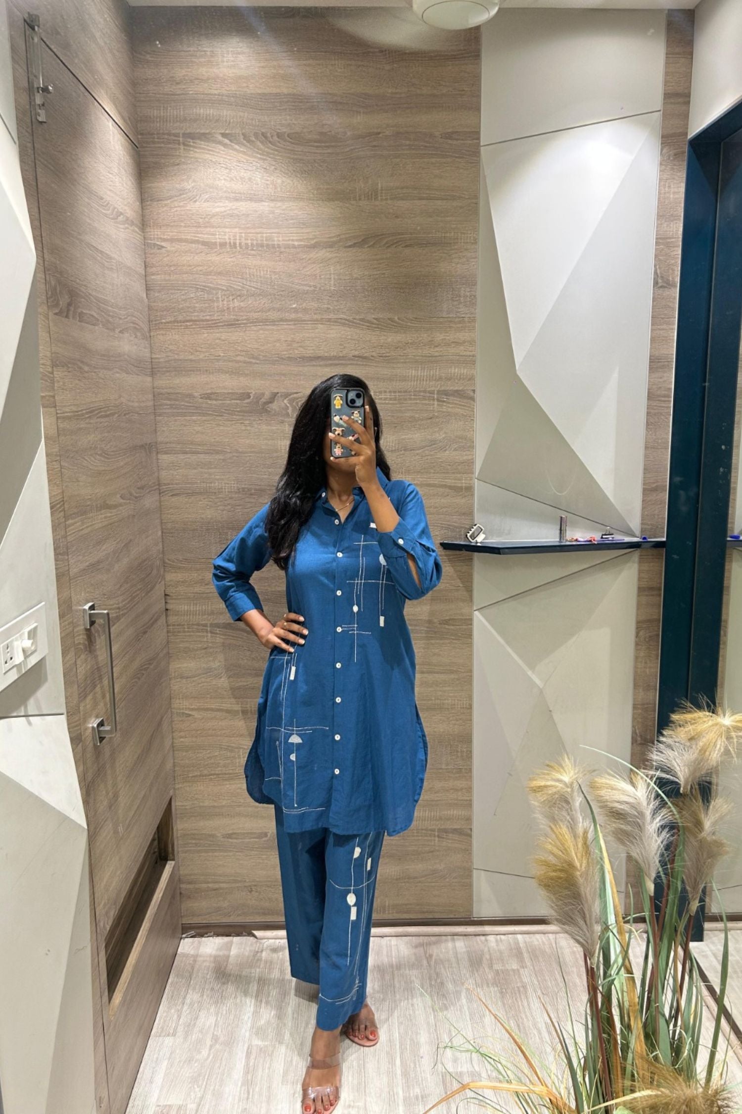 Blue Cord Set with Printed Shirt-Style Design and Pants