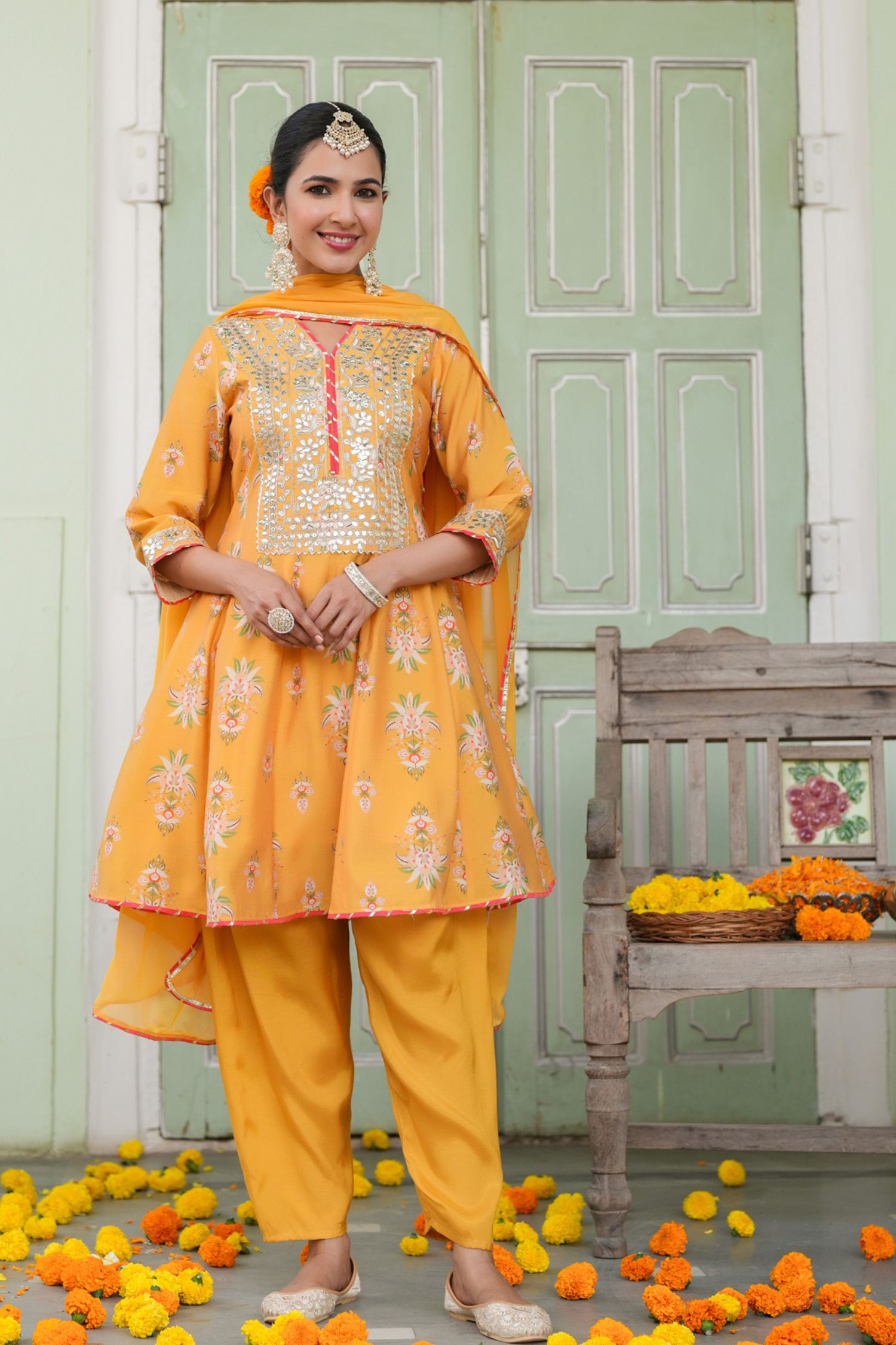 Freyaa Mustard Yellow Printed Embroidered Silk Blend Calf-Length Anarkali Suit With Dupatta