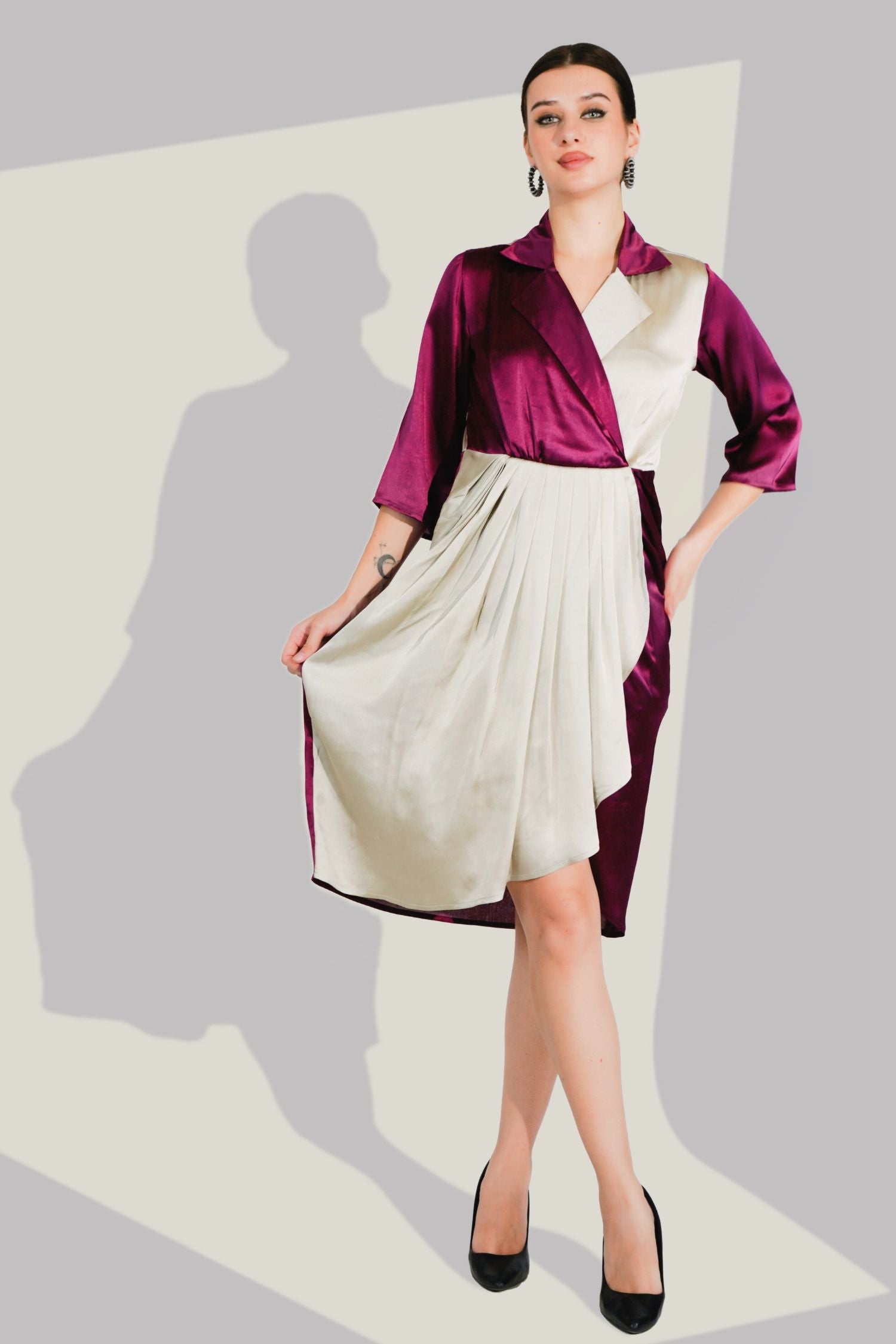 Maroon Satin Dress with Bold Stripe Line Design