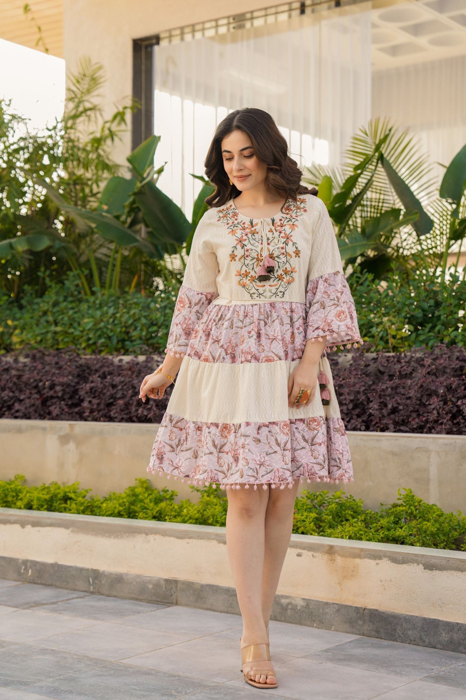 Cream Cotton Round-Neck Tunic with Two-Tone Fabric and Floral Design