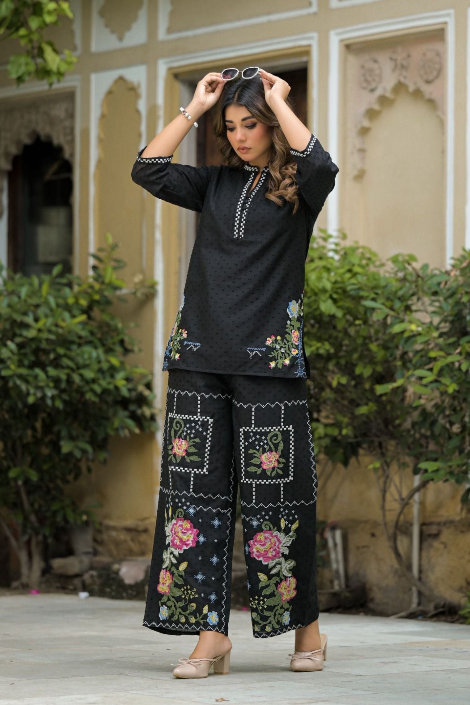 Black Cotton Floral Threadwork Set