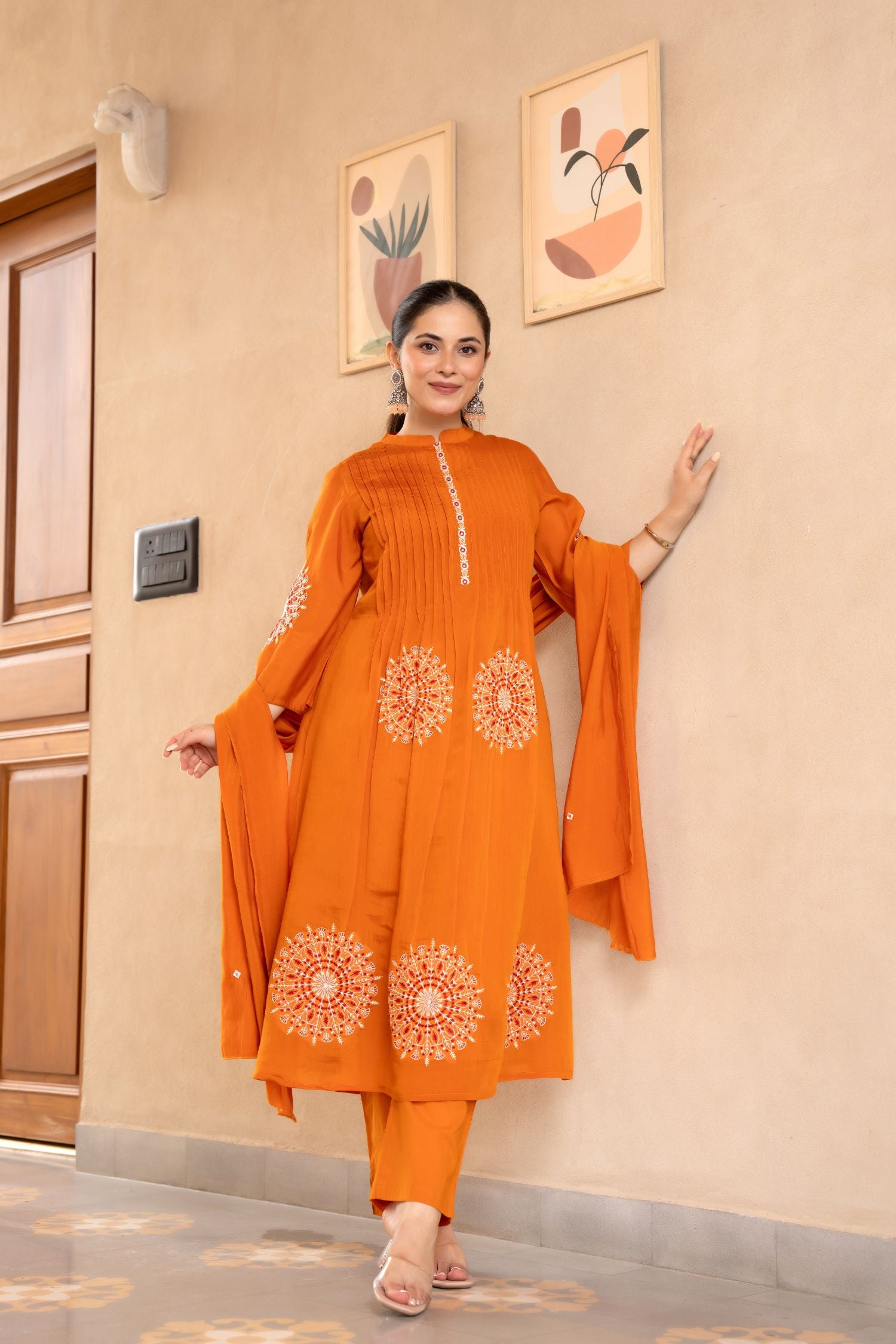 Cotton Three-Piece Ensemble with Elegant Neck Embroidery and Bold Circle Motif