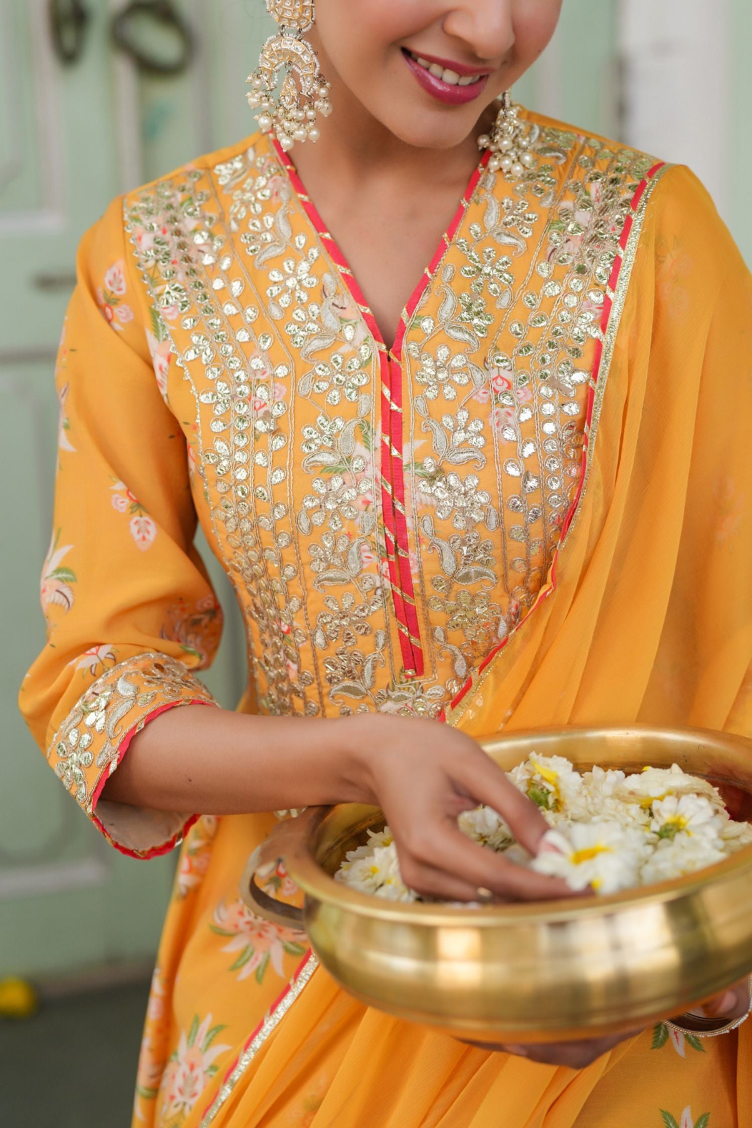 Freyaa Mustard Yellow Printed Embroidered Silk Blend Calf-Length Anarkali Suit With Dupatta