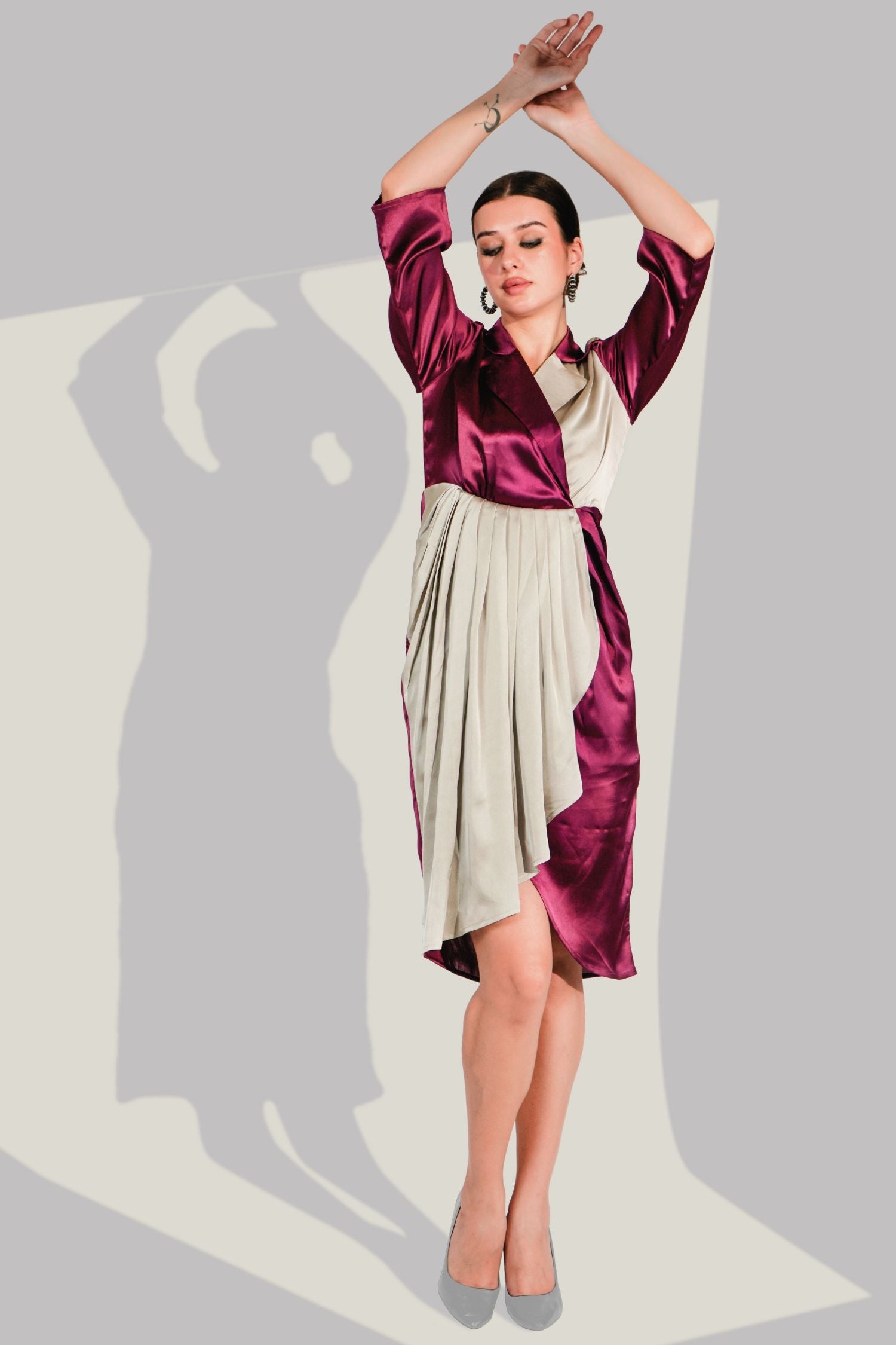 Maroon Satin Dress with Bold Stripe Line Design