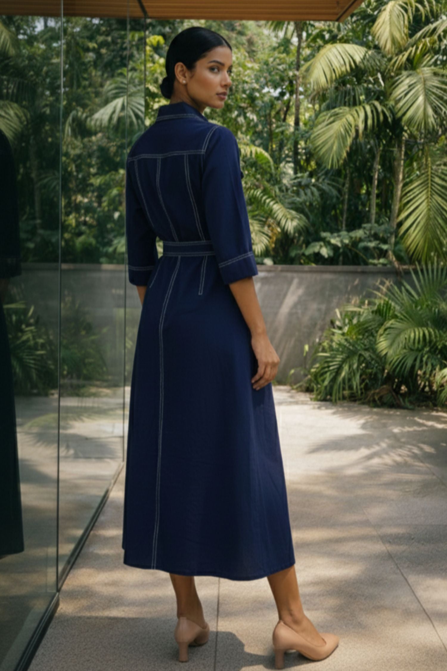 Blue Denim Long Dress with Pocket Moti Work