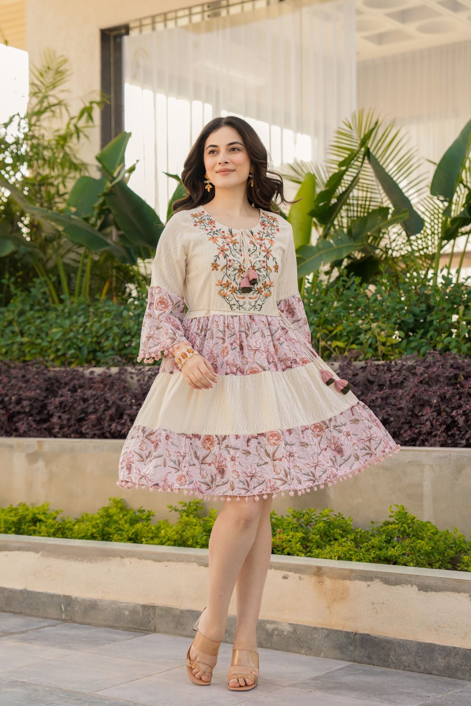Cream Cotton Round-Neck Tunic with Two-Tone Fabric and Floral Design