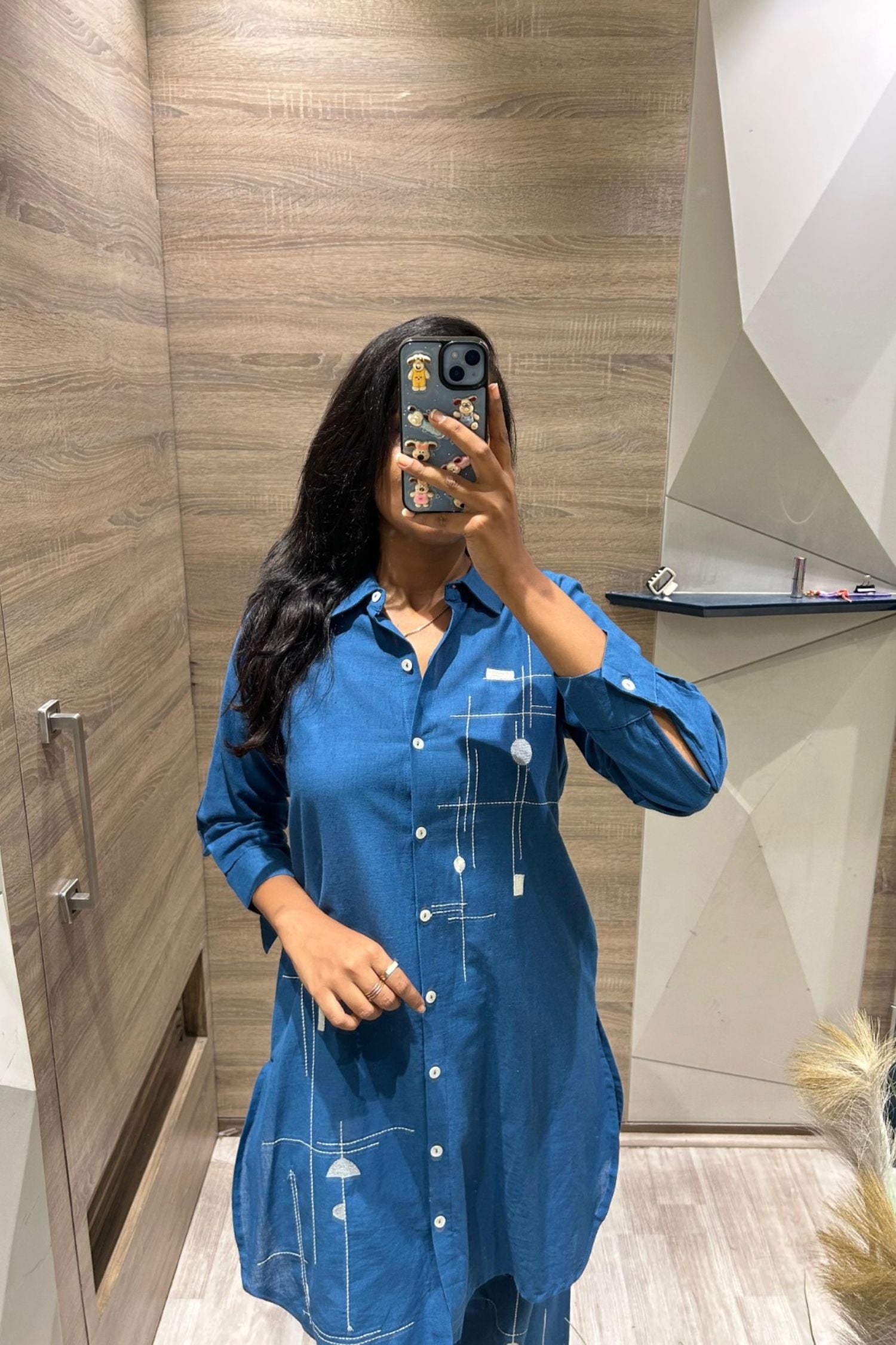 Blue Cord Set with Printed Shirt-Style Design and Pants