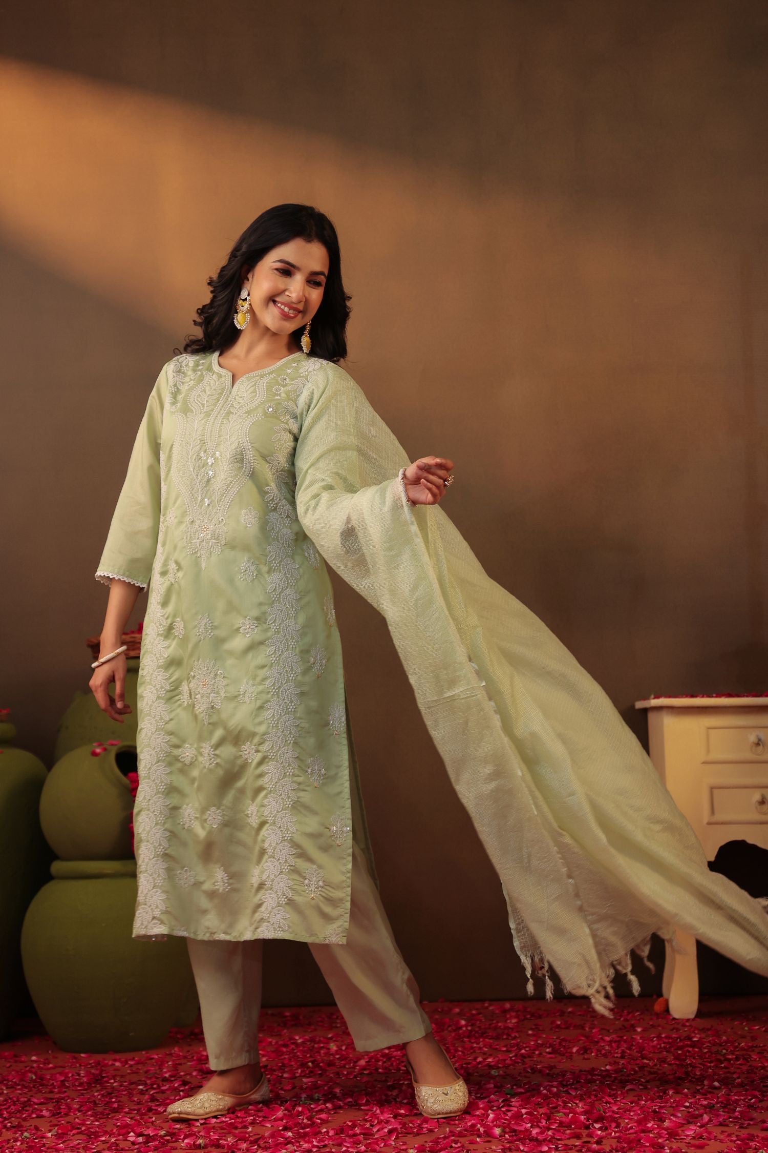 Freyaa Pista Green Embroidered Straight Kurta Trouser with Dupatta Set