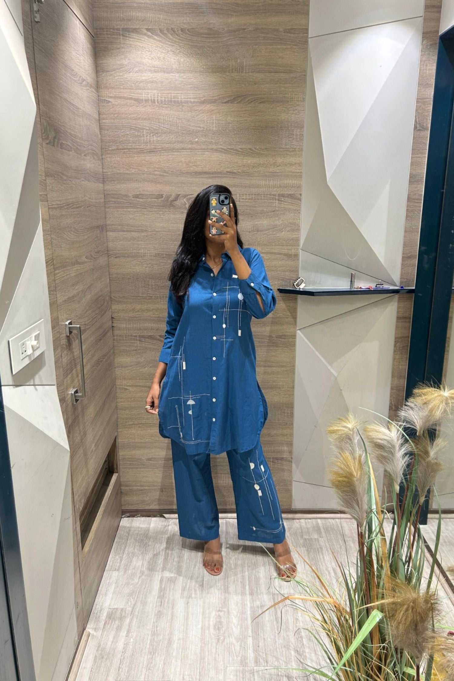 Blue Cord Set with Printed Shirt-Style Design and Pants