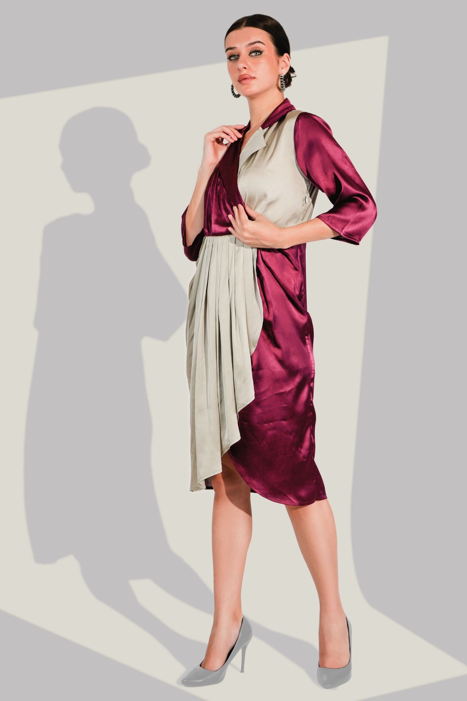Maroon Satin Dress with Bold Stripe Line Design